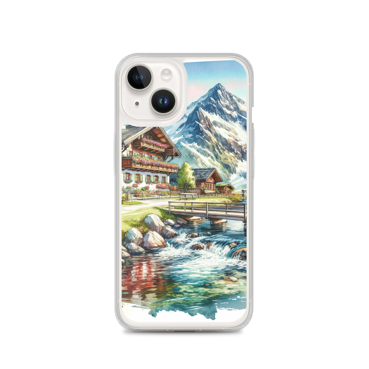 Aquarell der frühlingshaften Alpenkette mit österreichischer Flagge und schmelzendem Schnee - iPhone Schutzhülle (durchsichtig) berge xxx yyy zzz iPhone 14