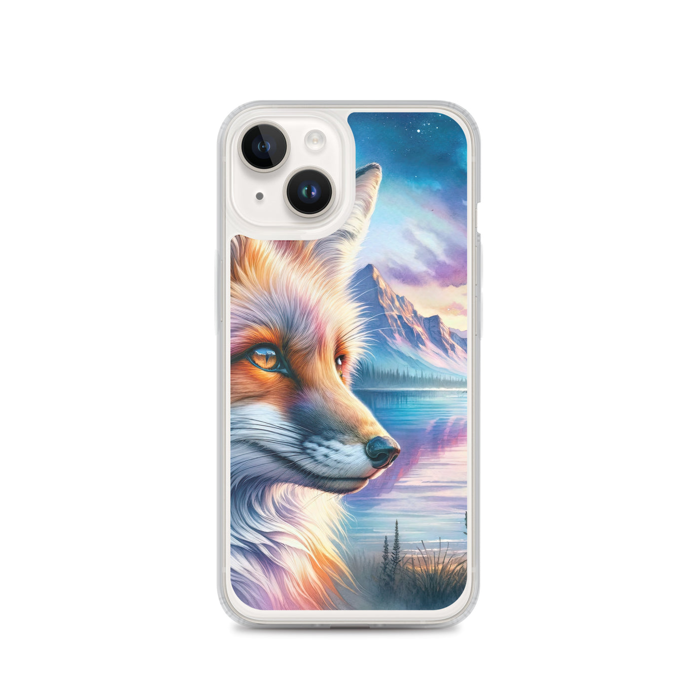Aquarellporträt eines Fuchses im Dämmerlicht am Bergsee - iPhone Schutzhülle (durchsichtig) camping xxx yyy zzz iPhone 14