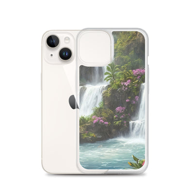Wasserfall im Wald und Blumen - Schöne Malerei - iPhone Schutzhülle (durchsichtig) camping xxx