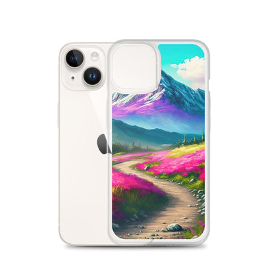 Berg, pinke Blumen und Wanderweg - Landschaftsmalerei - iPhone Schutzhülle (durchsichtig) berge xxx