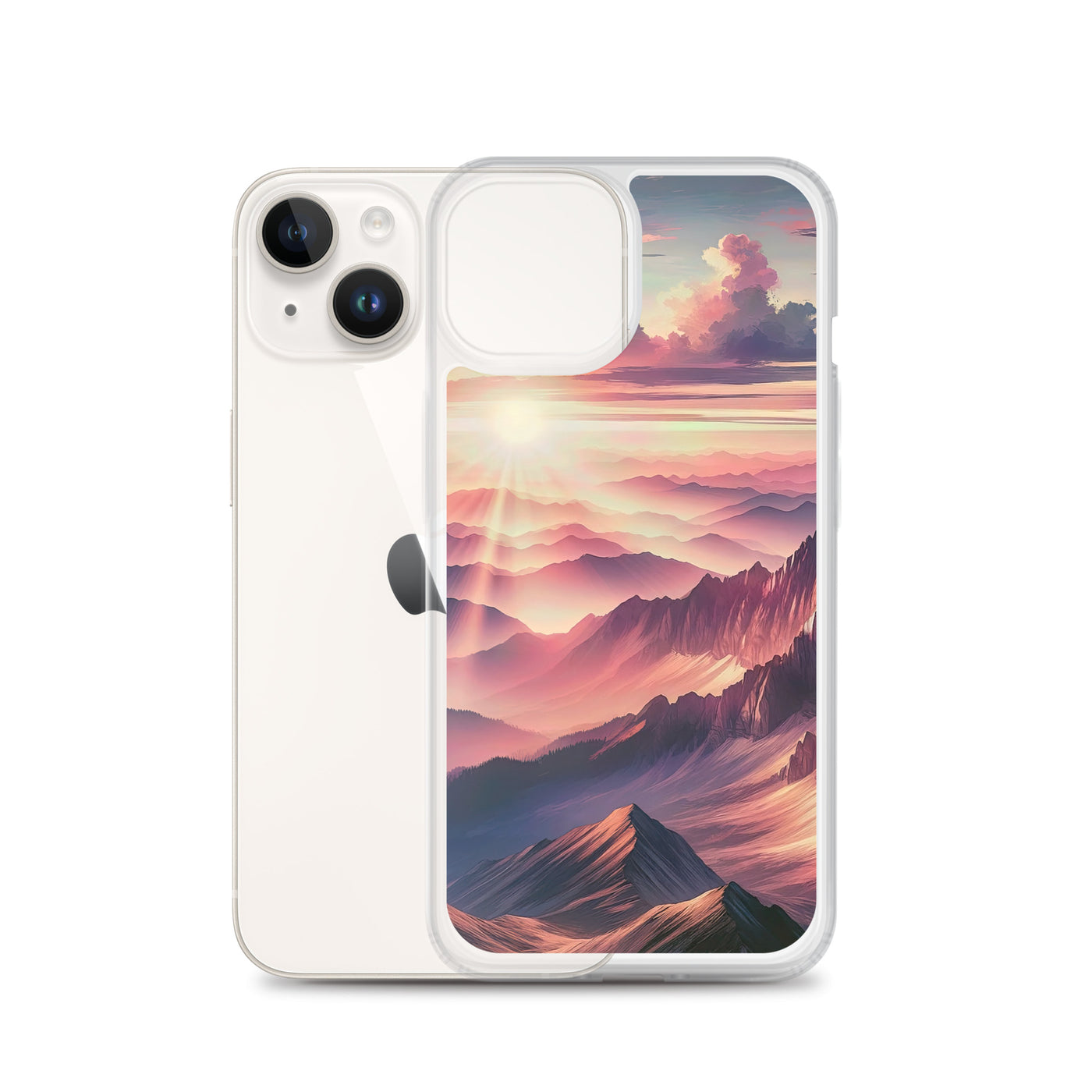 Schöne Berge bei Sonnenaufgang: Malerei in Pastelltönen - iPhone Schutzhülle (durchsichtig) berge xxx yyy zzz