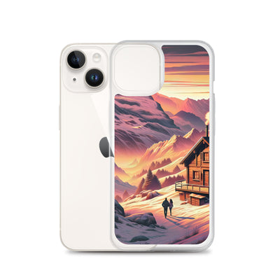 Berghütte im goldenen Sonnenuntergang: Digitale Alpenillustration - iPhone Schutzhülle (durchsichtig) berge xxx yyy zzz