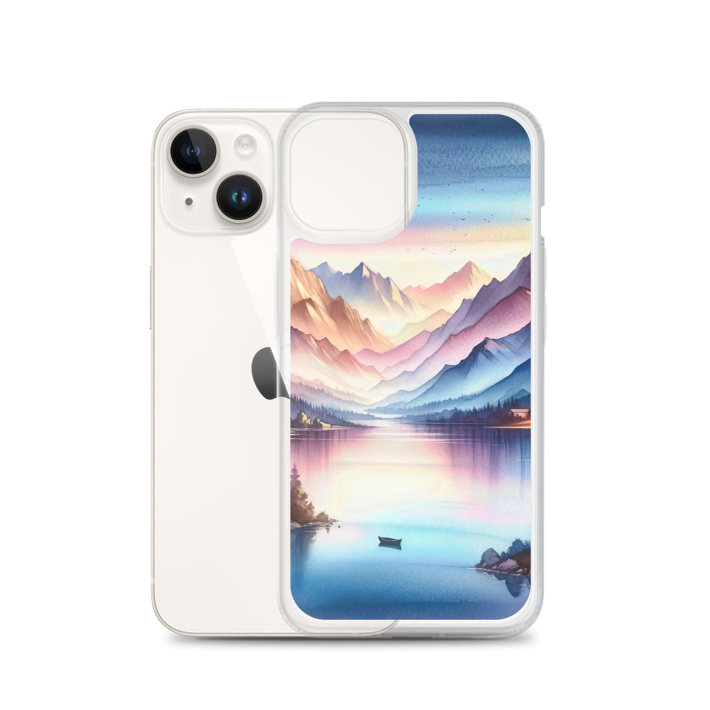 Aquarell einer Dämmerung in den Alpen, Boot auf einem See in Pastell-Licht - iPhone Schutzhülle (durchsichtig) berge xxx yyy zzz