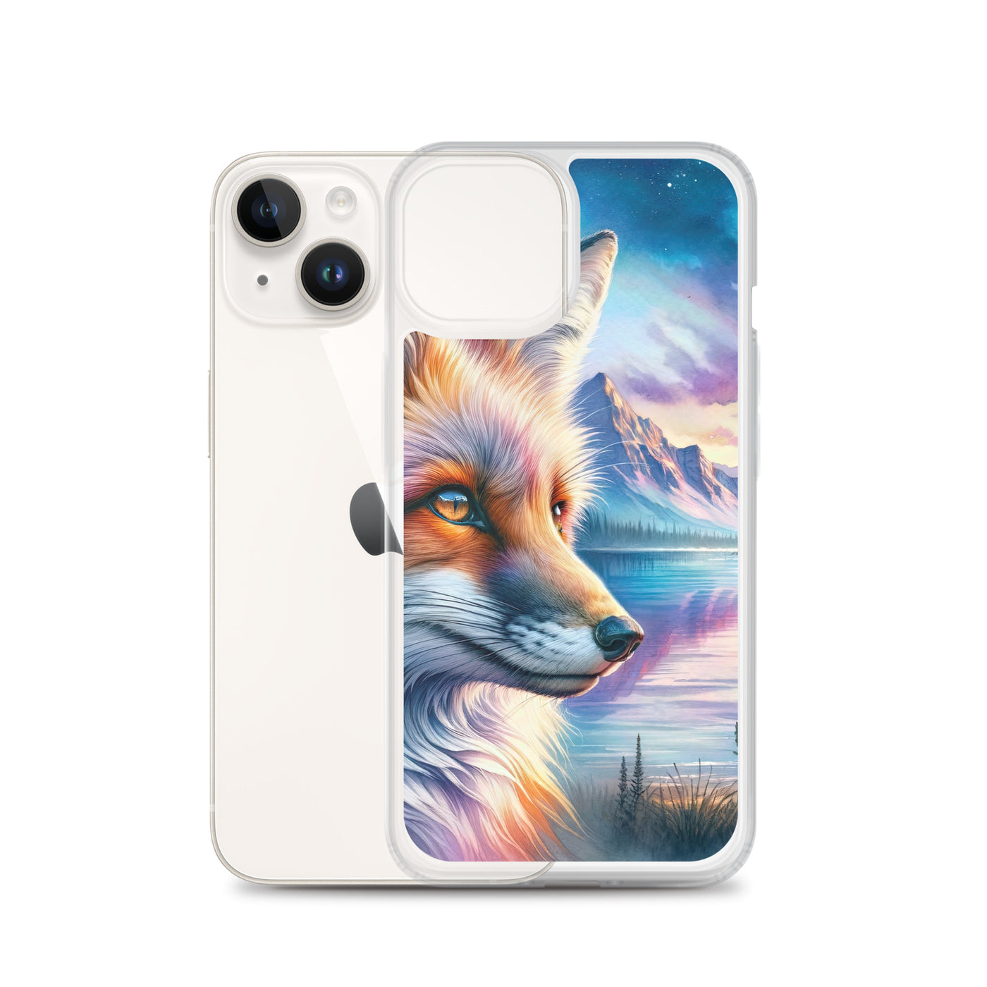 Aquarellporträt eines Fuchses im Dämmerlicht am Bergsee - iPhone Schutzhülle (durchsichtig) camping xxx yyy zzz