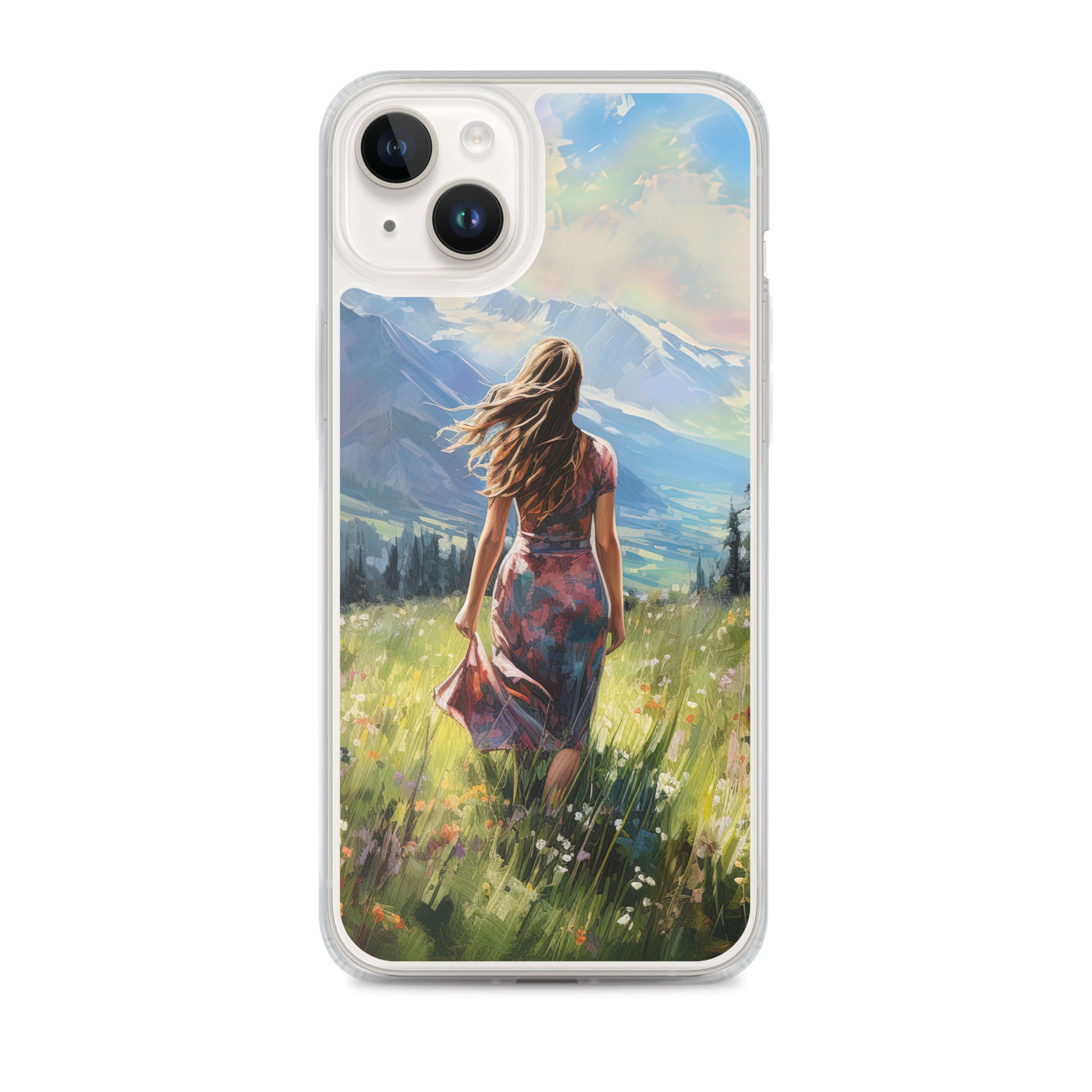 Frau mit langen Kleid im Feld mit Blumen - Berge im Hintergrund - Malerei - iPhone Schutzhülle (durchsichtig) berge xxx iPhone 14 Plus