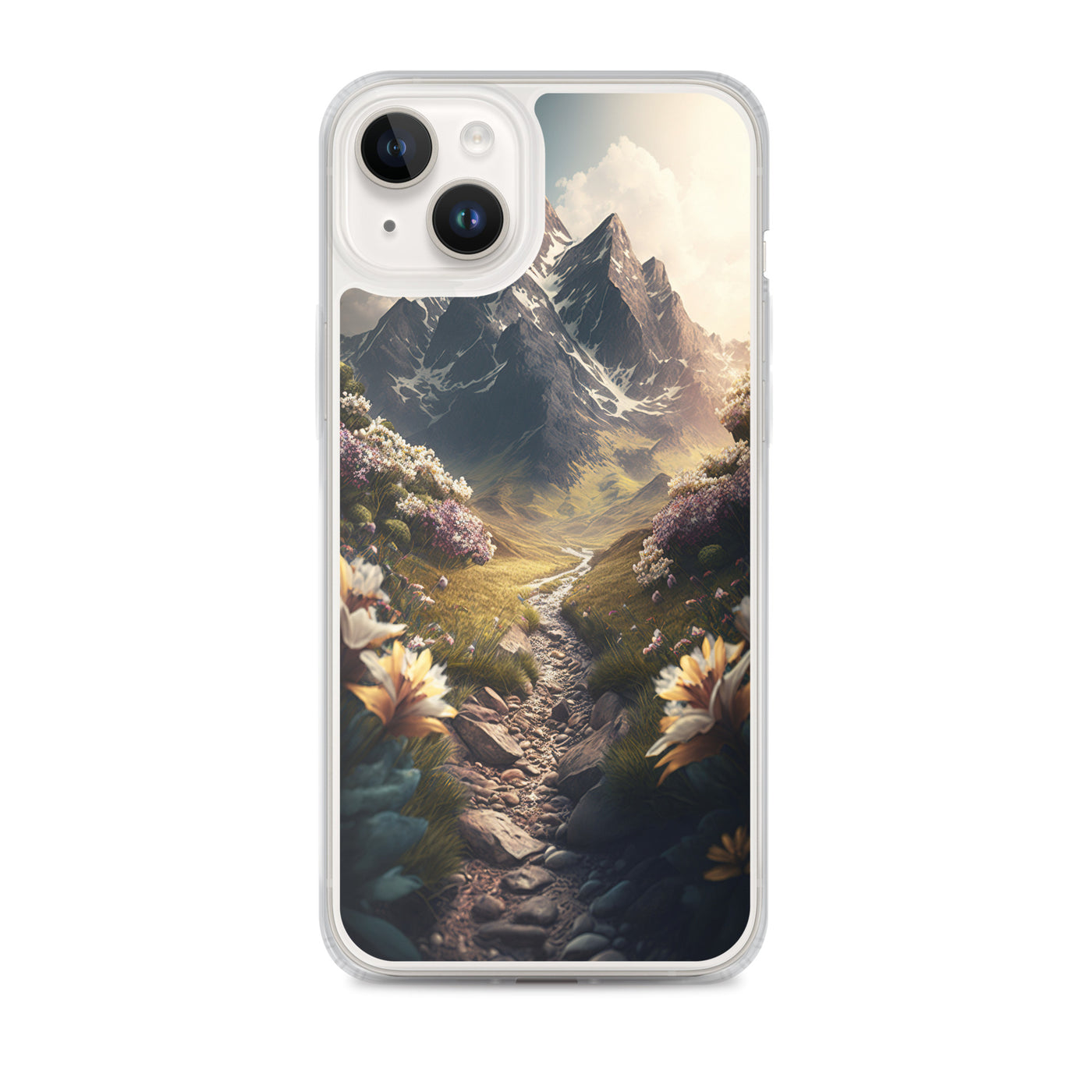 Epischer Berg, steiniger Weg und Blumen - Realistische Malerei - iPhone Schutzhülle (durchsichtig) berge xxx iPhone 14 Plus