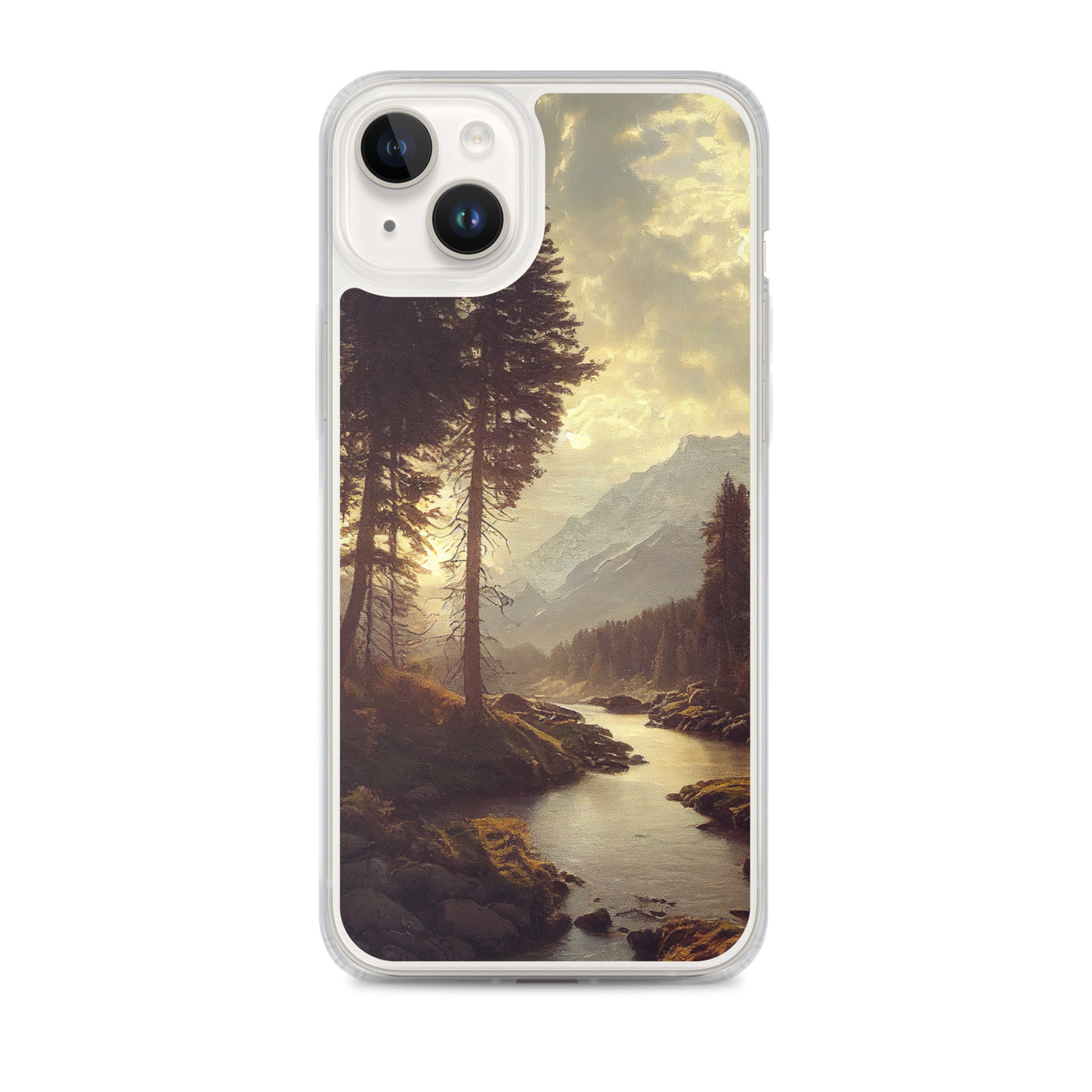 Landschaft mit Bergen, Fluss und Bäumen - Malerei - iPhone Schutzhülle (durchsichtig) berge xxx iPhone 14 Plus