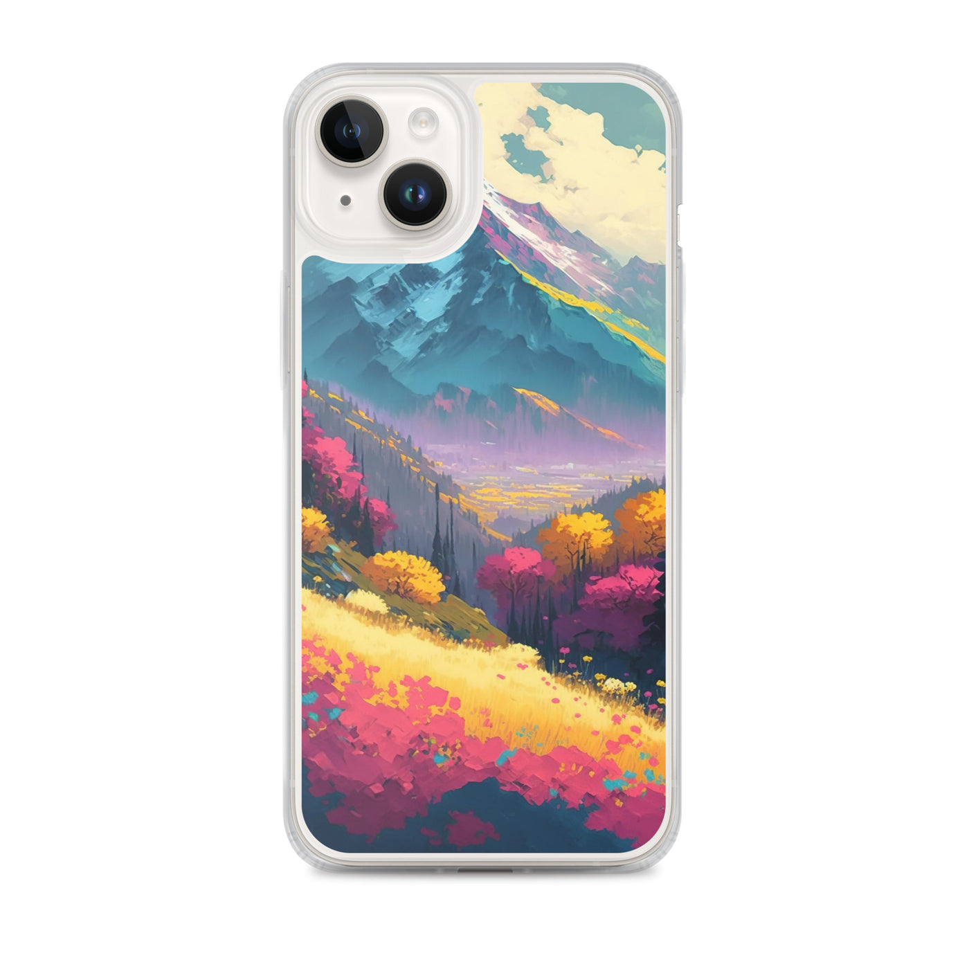 Berge, pinke und gelbe Bäume, sowie Blumen - Farbige Malerei - iPhone Schutzhülle (durchsichtig) berge xxx iPhone 14 Plus