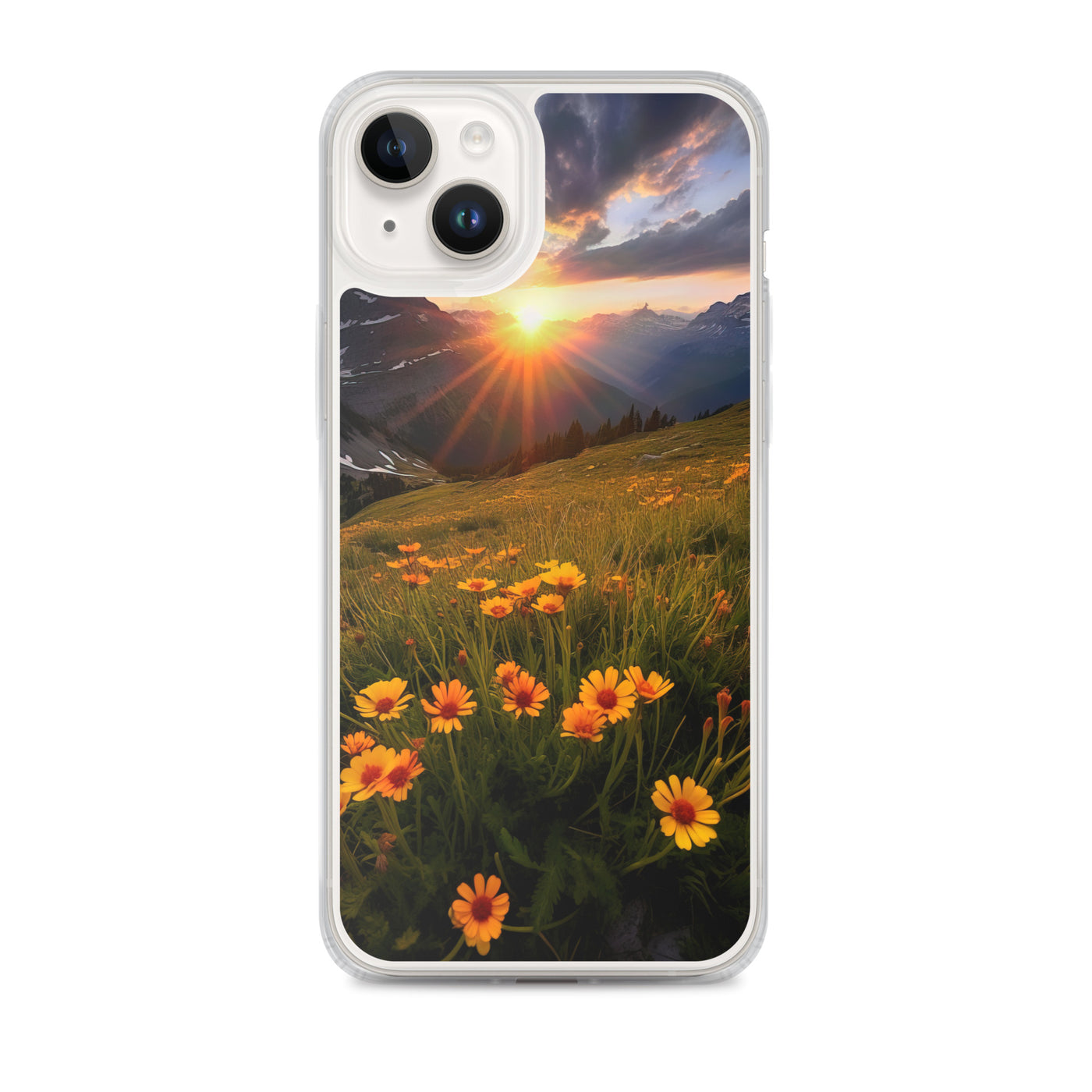 Gebirge, Sonnenblumen und Sonnenaufgang - iPhone Schutzhülle (durchsichtig) berge xxx iPhone 14 Plus