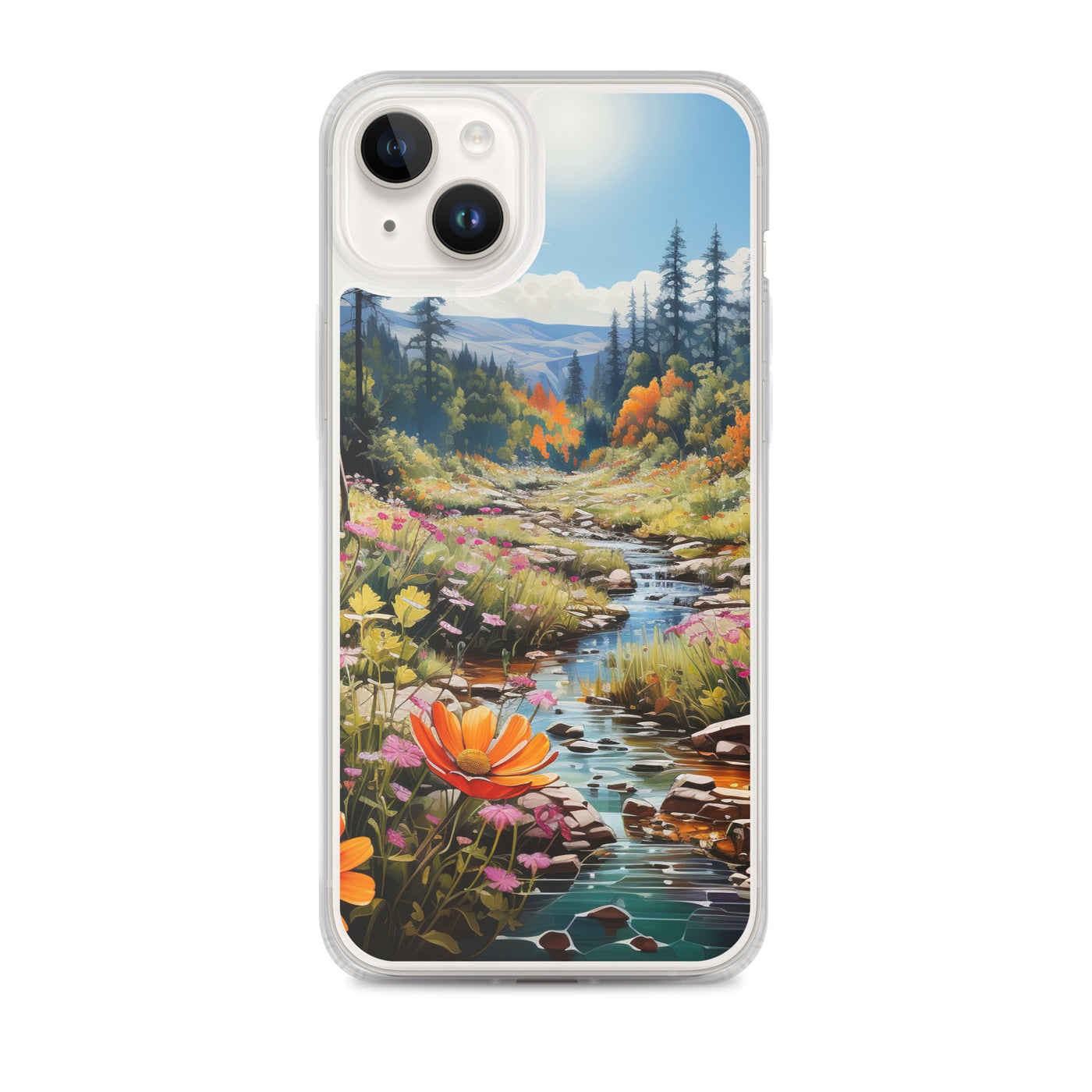 Berge, schöne Blumen und Bach im Wald - iPhone Schutzhülle (durchsichtig) berge xxx iPhone 14 Plus