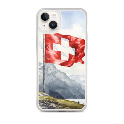 Schweizer Flagge und Berge im Hintergrund - Epische Stimmung - Malerei - iPhone Schutzhülle (durchsichtig) berge xxx iPhone 14 Plus