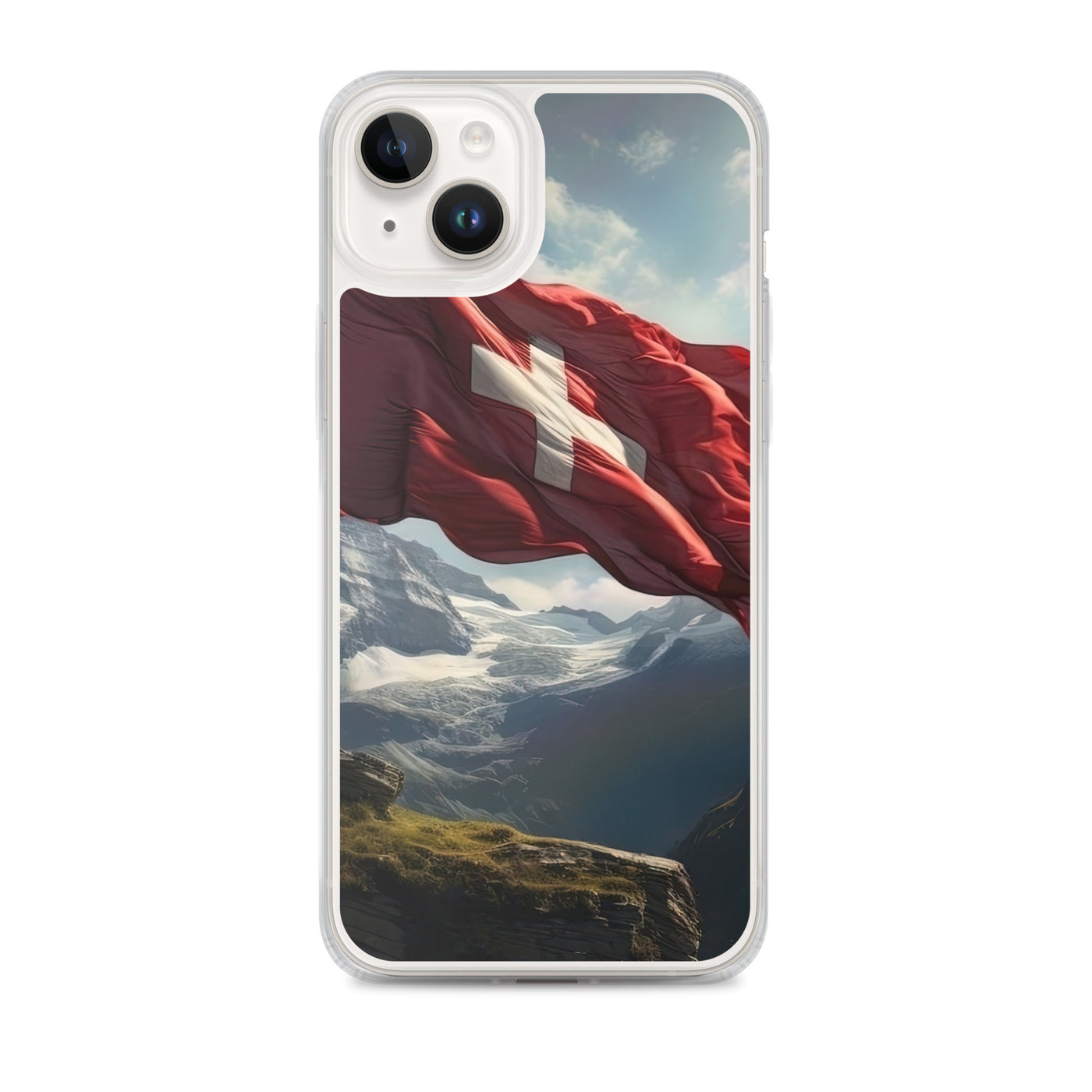 Schweizer Flagge und Berge im Hintergrund - Fotorealistische Malerei - iPhone Schutzhülle (durchsichtig) berge xxx iPhone 14 Plus