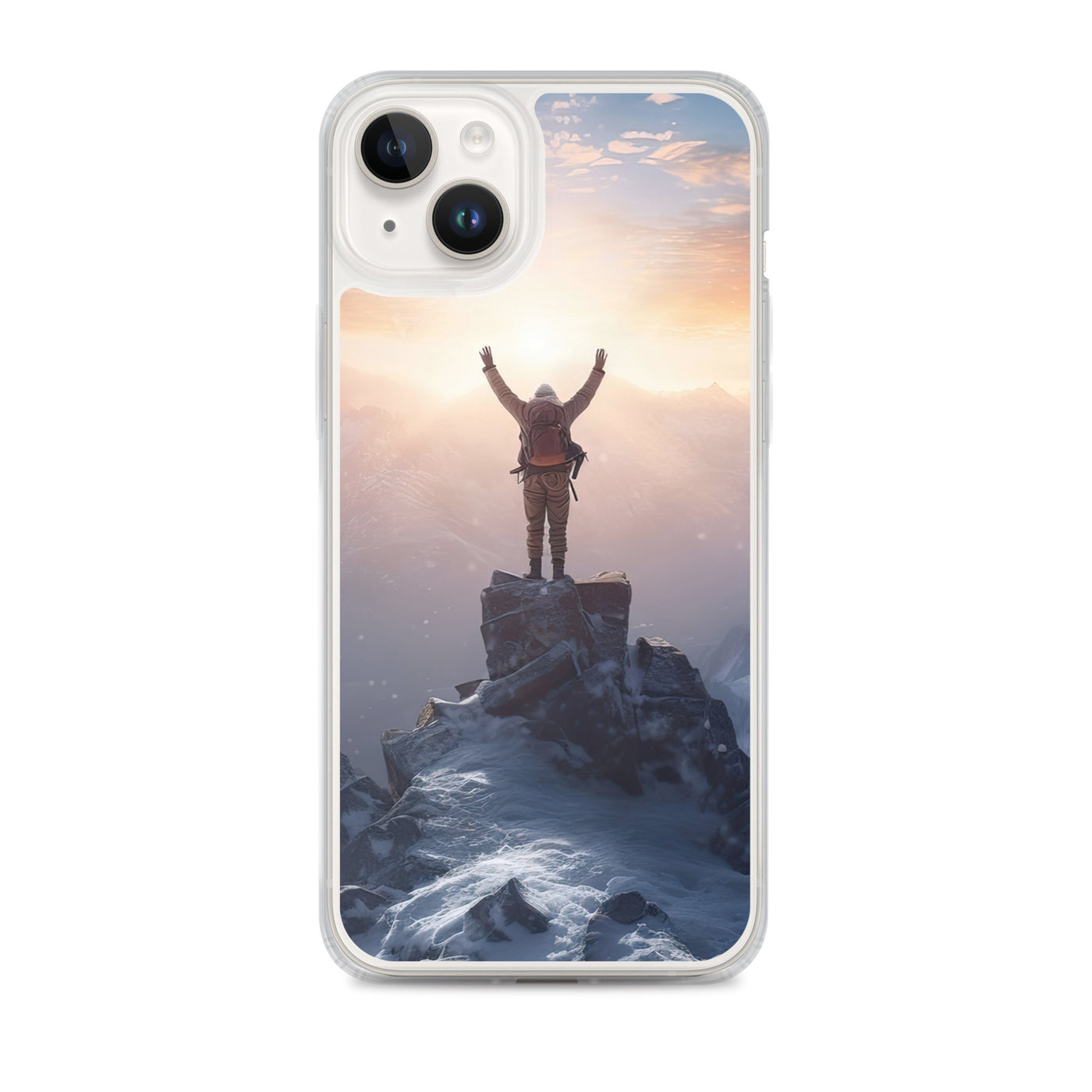 Mann auf der Spitze eines Berges - Landschaftsmalerei - iPhone Schutzhülle (durchsichtig) berge xxx iPhone 14 Plus