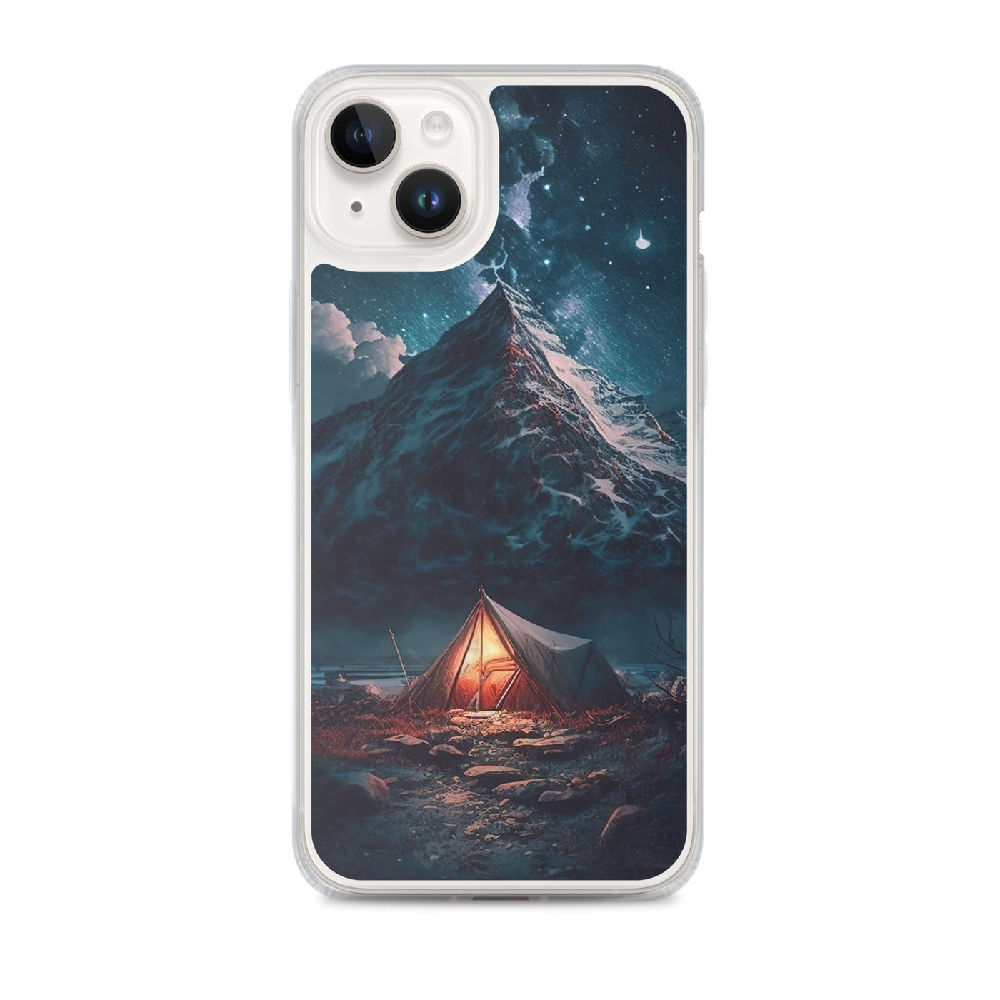 Zelt und Berg in der Nacht - Sterne am Himmel - Landschaftsmalerei - iPhone Schutzhülle (durchsichtig) camping xxx iPhone 14 Plus