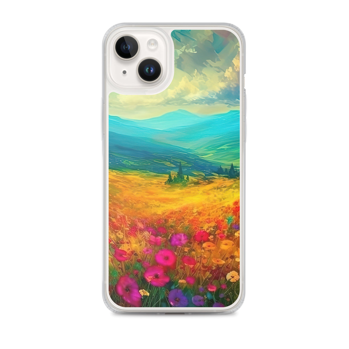 Berglandschaft und schöne farbige Blumen - Malerei - iPhone Schutzhülle (durchsichtig) berge xxx iPhone 14 Plus