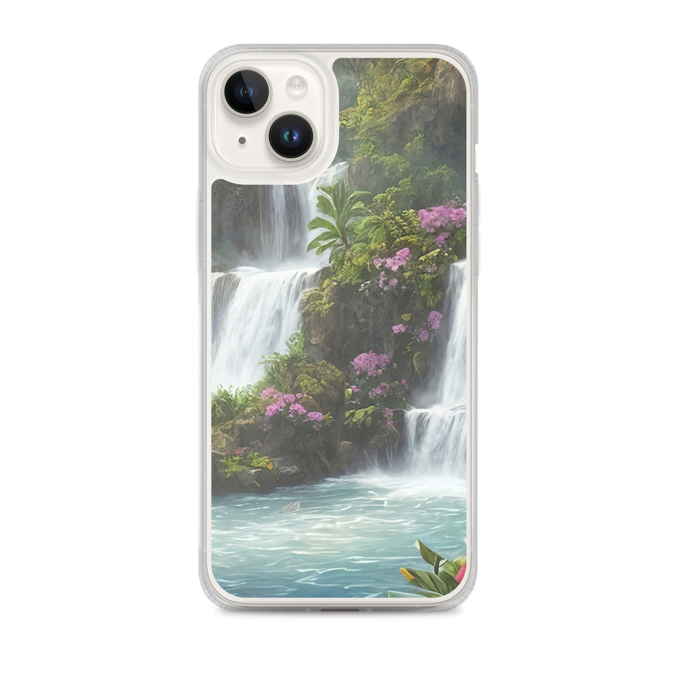 Wasserfall im Wald und Blumen - Schöne Malerei - iPhone Schutzhülle (durchsichtig) camping xxx iPhone 14 Plus