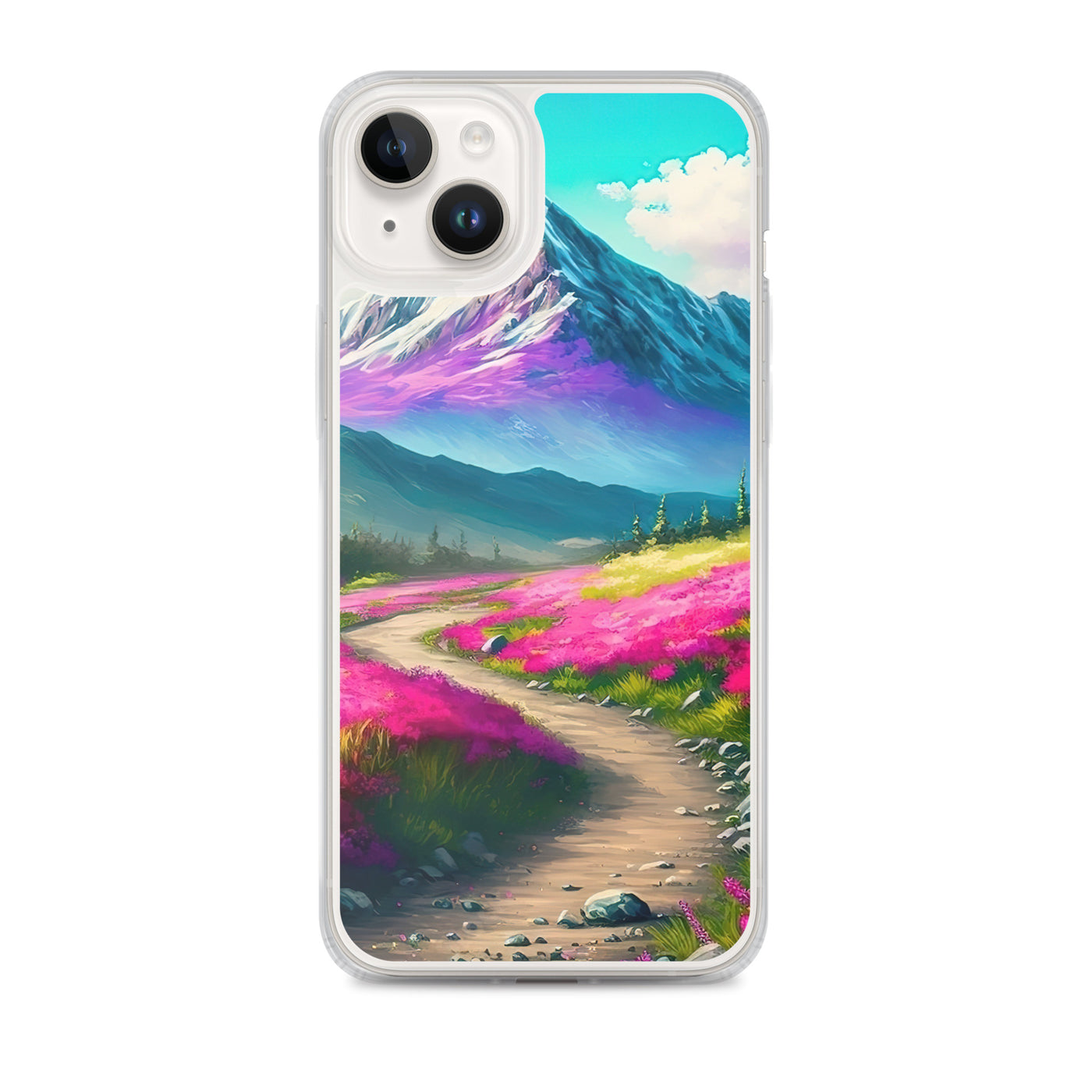 Berg, pinke Blumen und Wanderweg - Landschaftsmalerei - iPhone Schutzhülle (durchsichtig) berge xxx iPhone 14 Plus