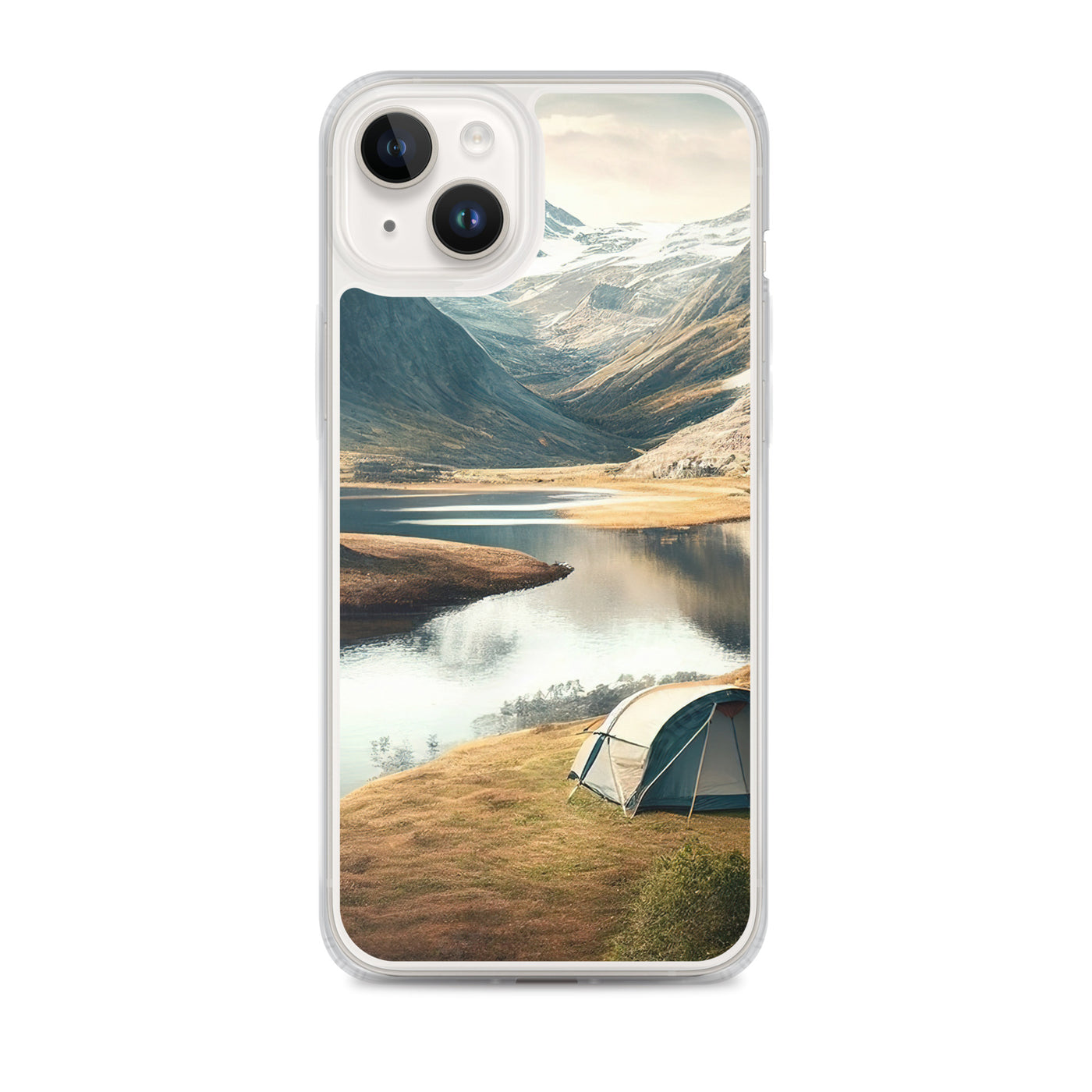 Zelt, Berge und Bergsee - iPhone Schutzhülle (durchsichtig) camping xxx iPhone 14 Plus