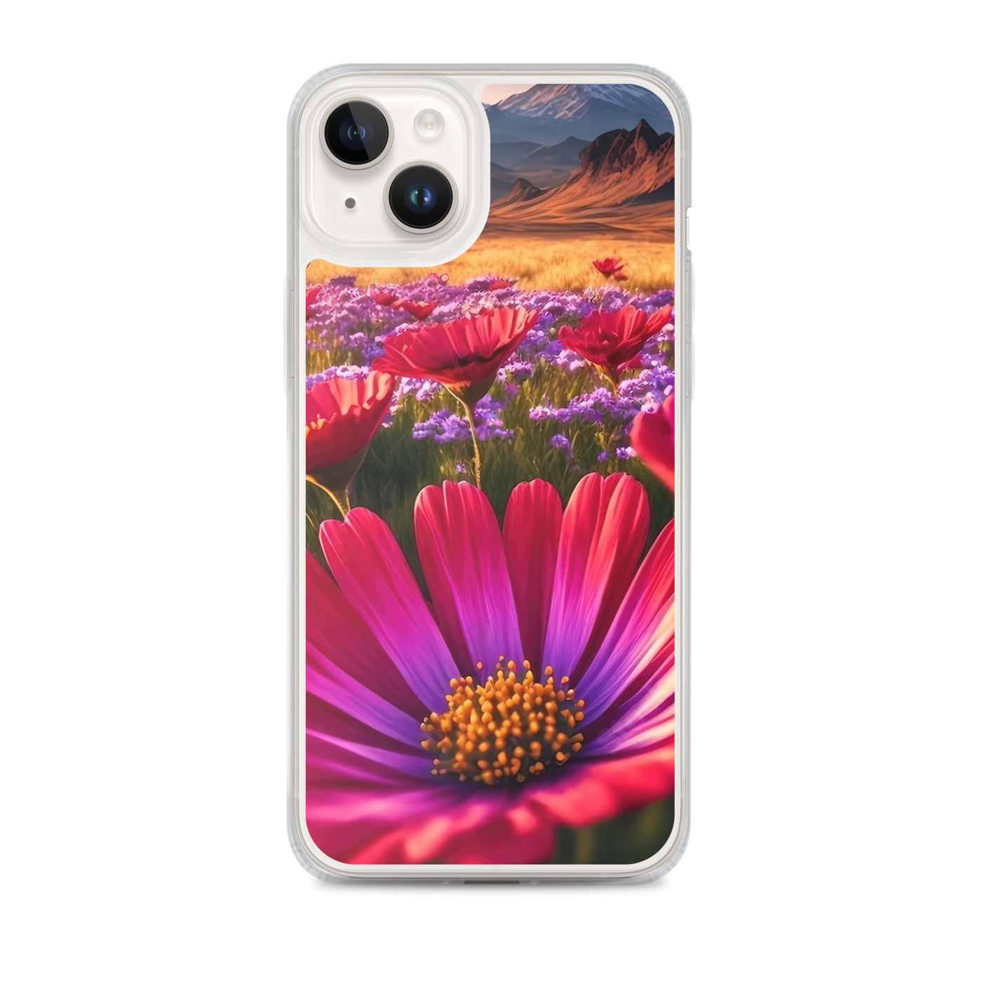 Wünderschöne Blumen und Berge im Hintergrund - iPhone Schutzhülle (durchsichtig) berge xxx iPhone 14 Plus