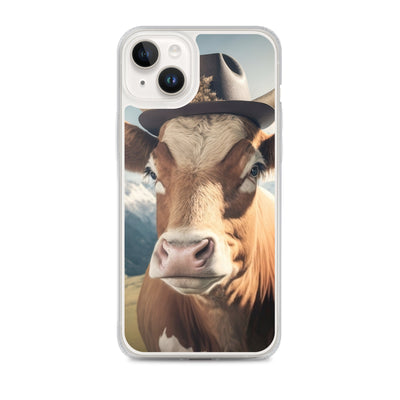 Kuh mit Hut in den Alpen - Berge im Hintergrund - Landschaftsmalerei - iPhone Schutzhülle (durchsichtig) berge xxx iPhone 14 Plus