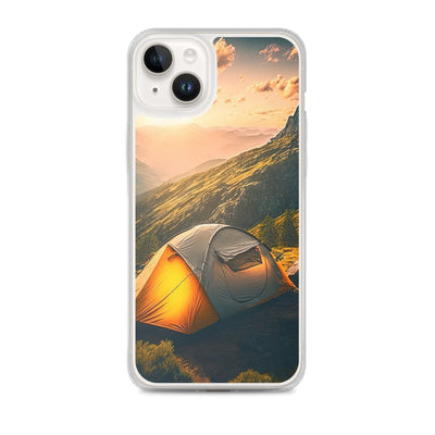 Zelt auf Berg im Sonnenaufgang - Landschafts - iPhone Schutzhülle (durchsichtig) camping xxx iPhone 14 Plus