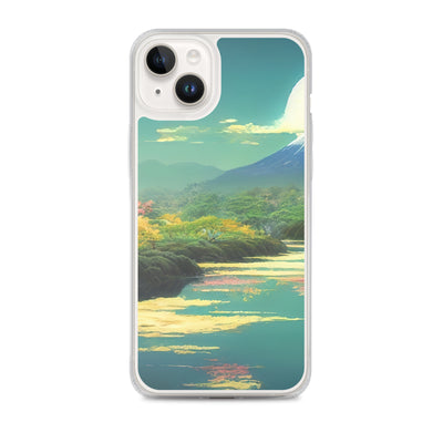 Berg, See und Wald mit pinken Bäumen - Landschaftsmalerei - iPhone Schutzhülle (durchsichtig) berge xxx iPhone 14 Plus