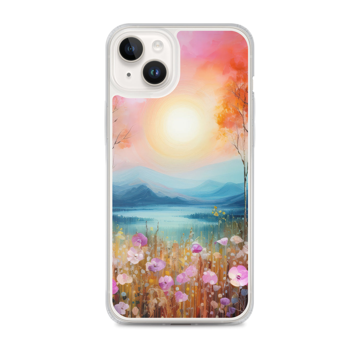 Berge, See, pinke Bäume und Blumen - Malerei - iPhone Schutzhülle (durchsichtig) berge xxx iPhone 14 Plus