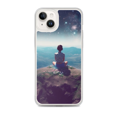 Frau sitzt auf Berg – Cosmos und Sterne im Hintergrund - Landschaftsmalerei - iPhone Schutzhülle (durchsichtig) berge xxx iPhone 14 Plus
