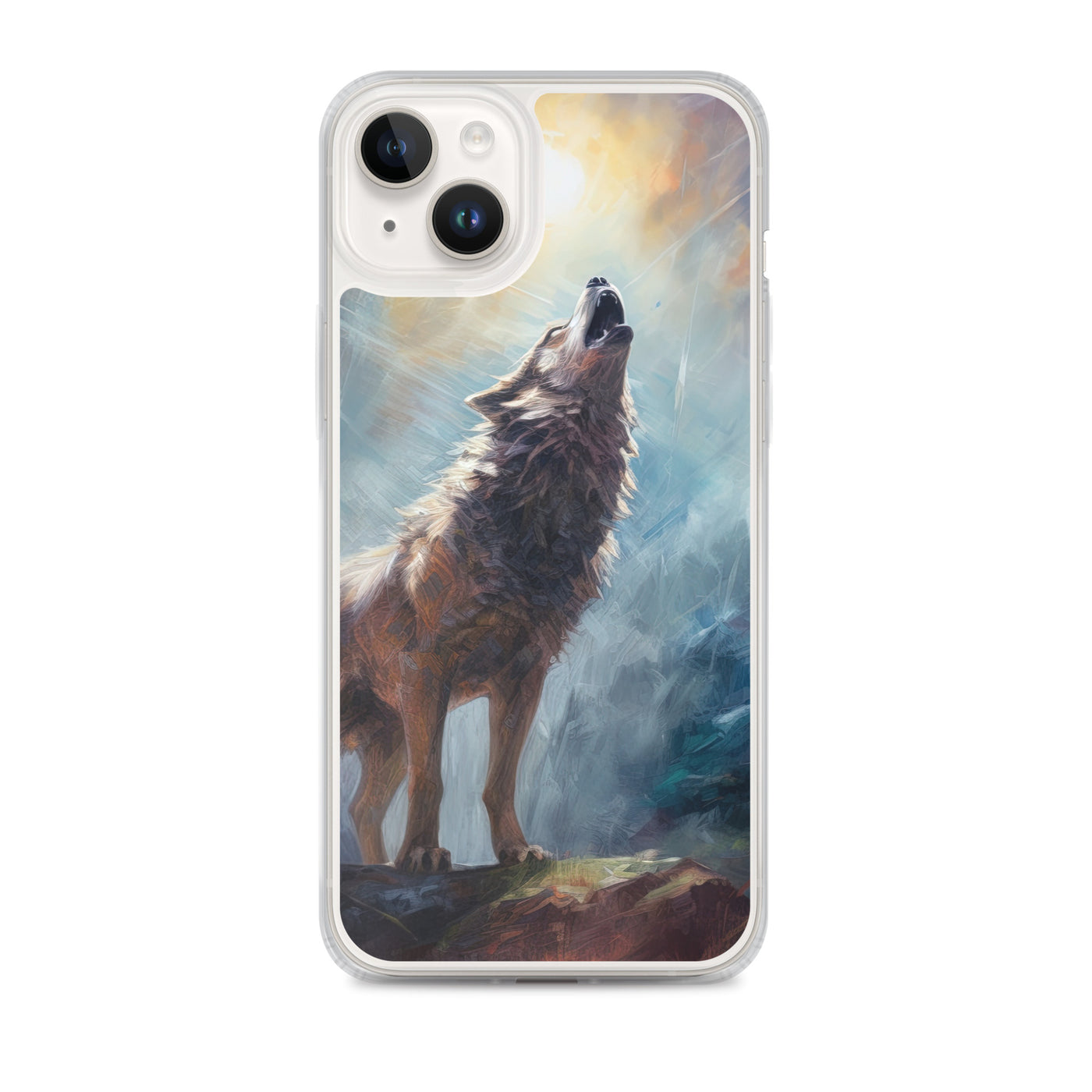 Heulender Wolf auf Berggipfel und Mond im Hintergrund – Abstrakte Malerei - iPhone Schutzhülle (durchsichtig) camping xxx iPhone 14 Plus