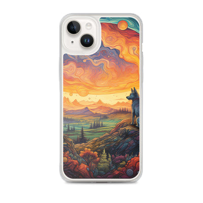 Hund auf Felsen - Epische bunte Landschaft - Malerei - iPhone Schutzhülle (durchsichtig) camping xxx iPhone 14 Plus