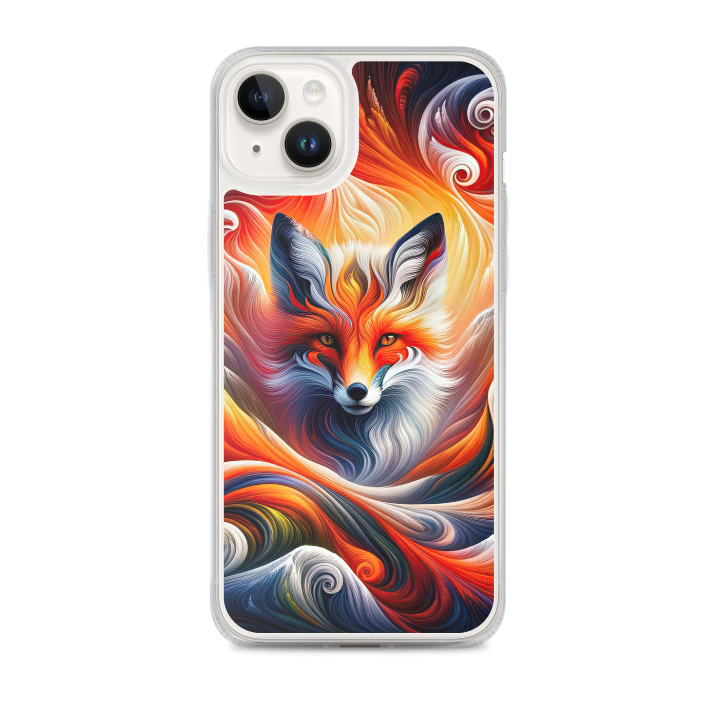 Abstraktes Kunstwerk, das den Geist der Alpen verkörpert. Leuchtender Fuchs in den Farben Orange, Rot, Weiß - iPhone Schutzhülle (durchsichtig) camping xxx yyy zzz iPhone 14 Plus