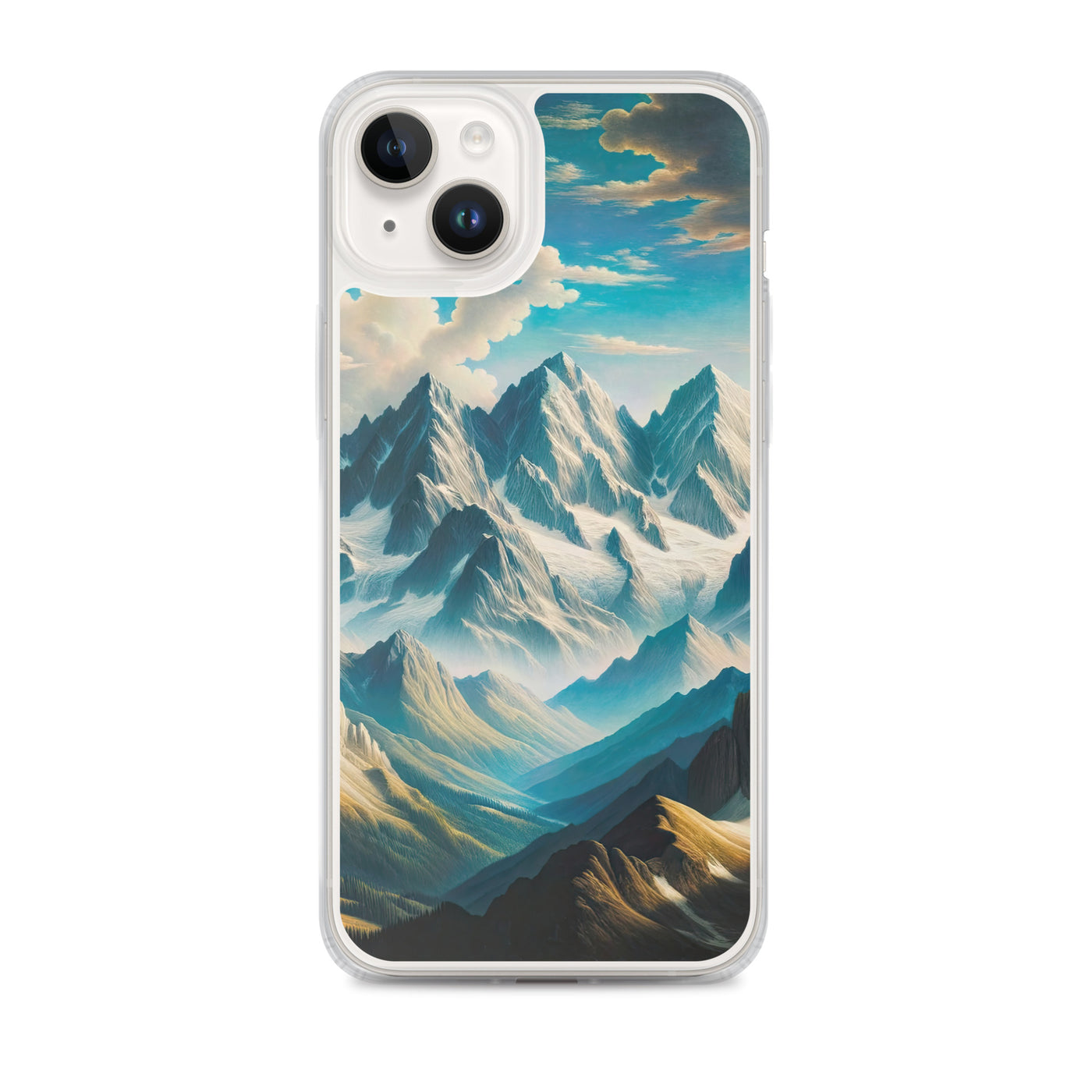 Ein Gemälde von Bergen, das eine epische Atmosphäre ausstrahlt. Kunst der Frührenaissance - iPhone Schutzhülle (durchsichtig) berge xxx yyy zzz iPhone 14 Plus