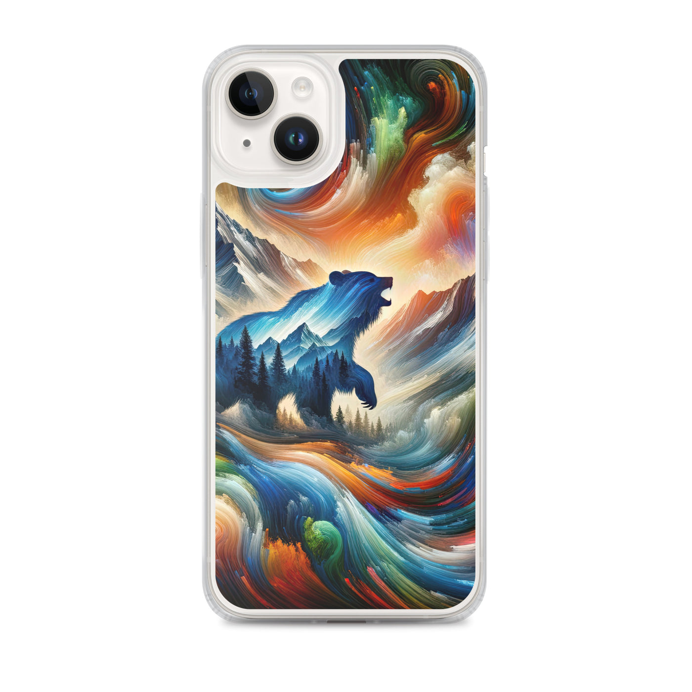 Lebendige Alpen und Bären Sillhouette über Berggipfel - Abstraktes Gemälde - iPhone Schutzhülle (durchsichtig) camping xxx yyy zzz iPhone 14 Plus