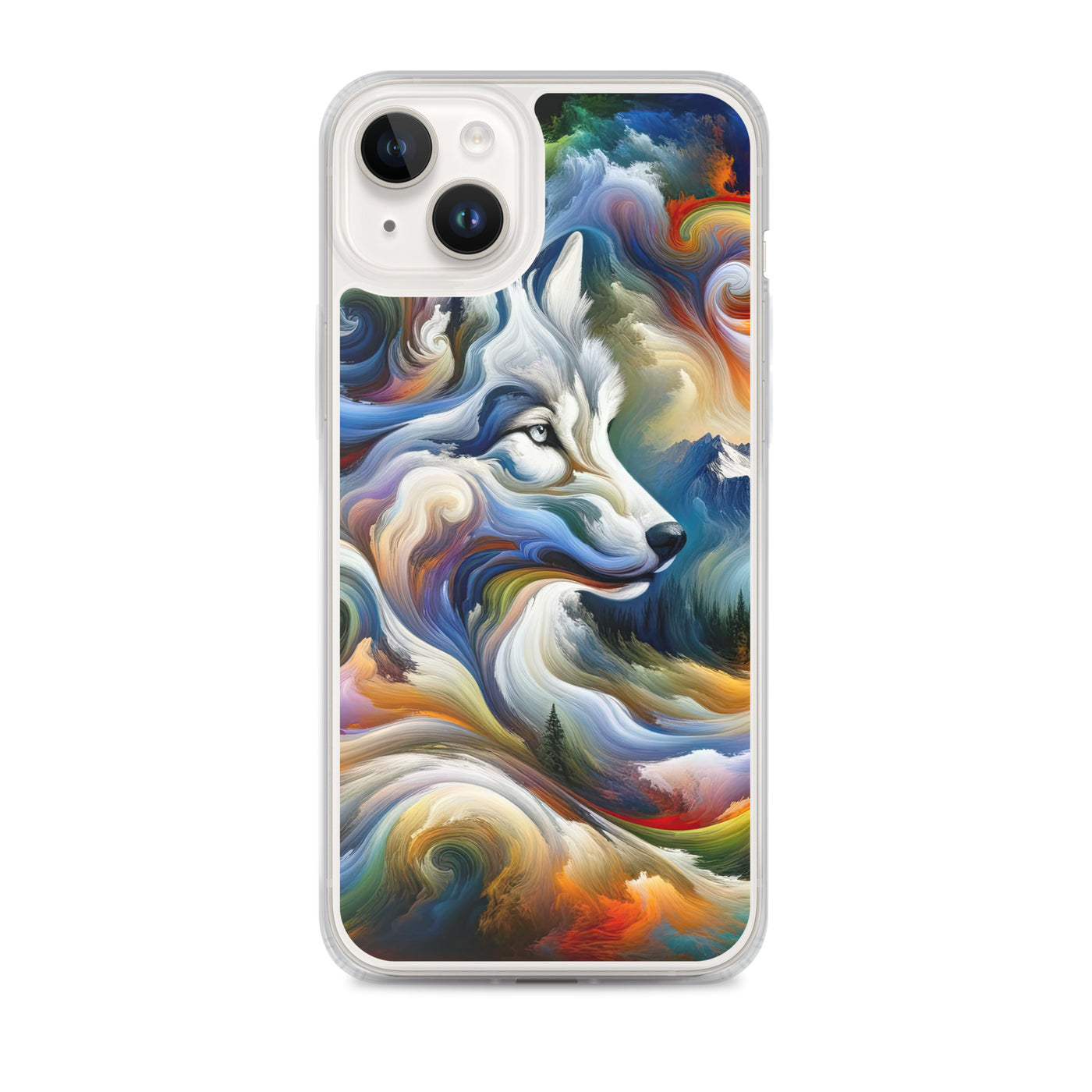 Abstraktes Alpen Gemälde: Wirbelnde Farben und Majestätischer Wolf, Silhouette (AN) - iPhone Schutzhülle (durchsichtig) xxx yyy zzz iPhone 14 Plus