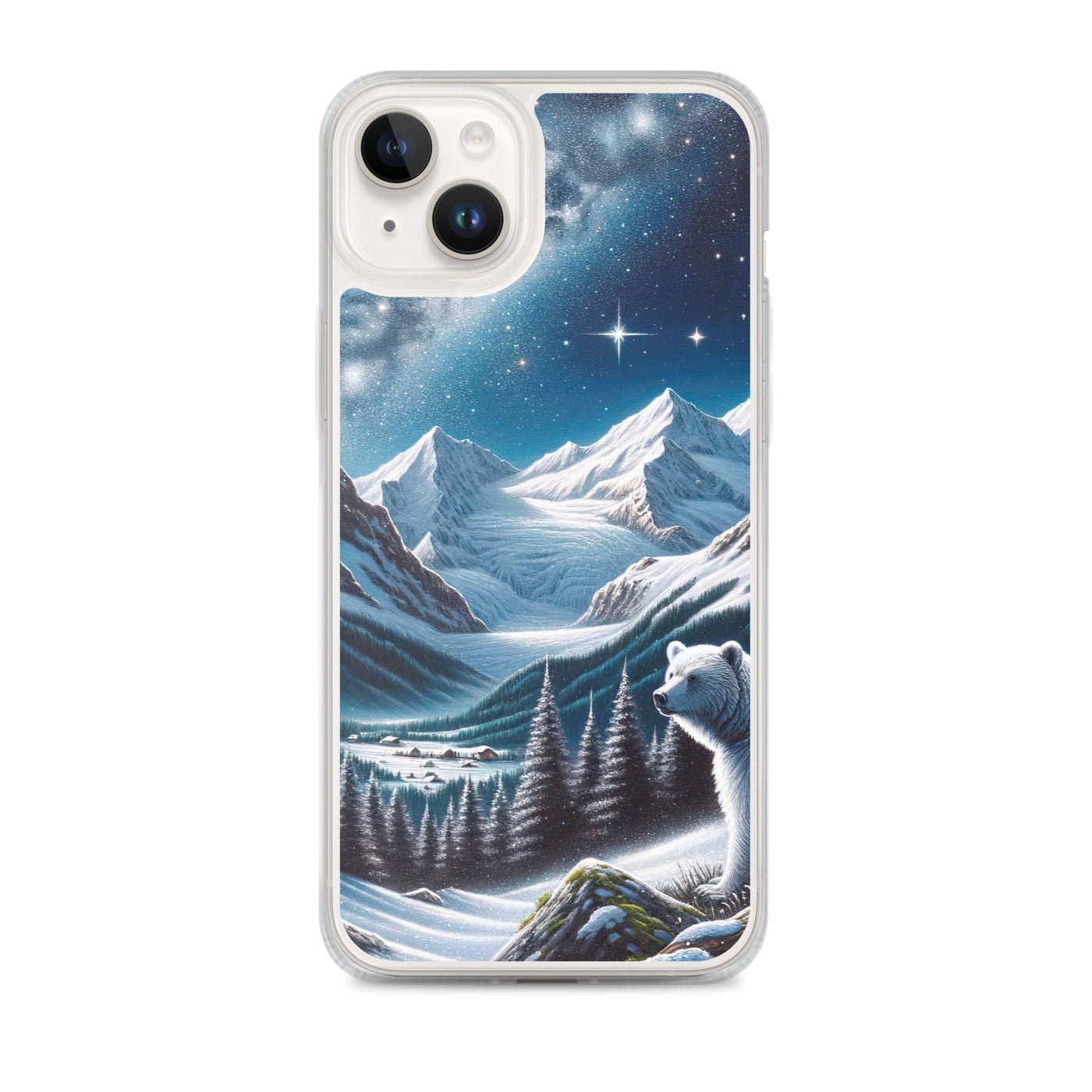 Sternennacht und Eisbär: Acrylgemälde mit Milchstraße, Alpen und schneebedeckte Gipfel - iPhone Schutzhülle (durchsichtig) camping xxx yyy zzz iPhone 14 Plus