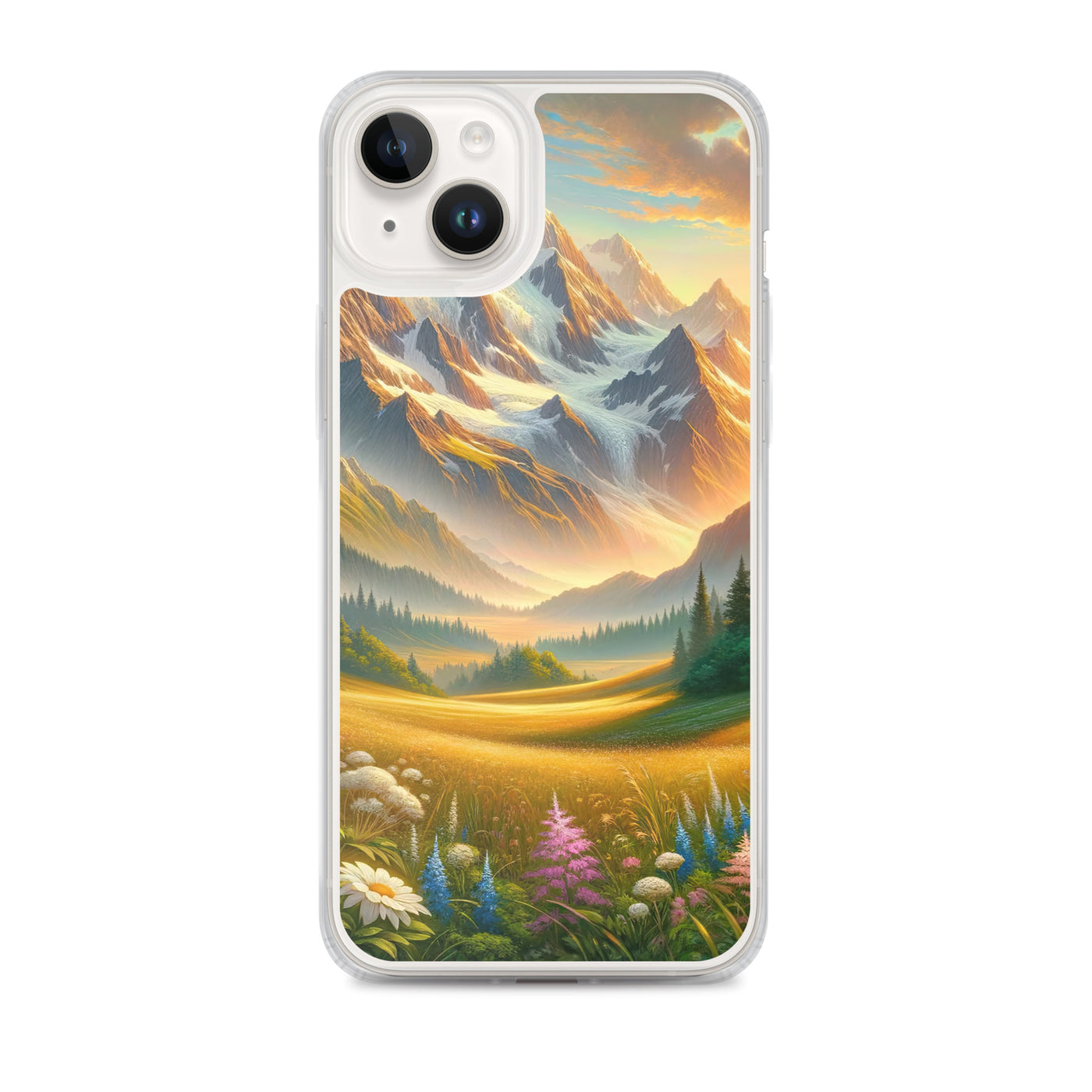 Heitere Alpenschönheit: Schneeberge und Wildblumenwiesen - iPhone Schutzhülle (durchsichtig) berge xxx yyy zzz iPhone 14 Plus