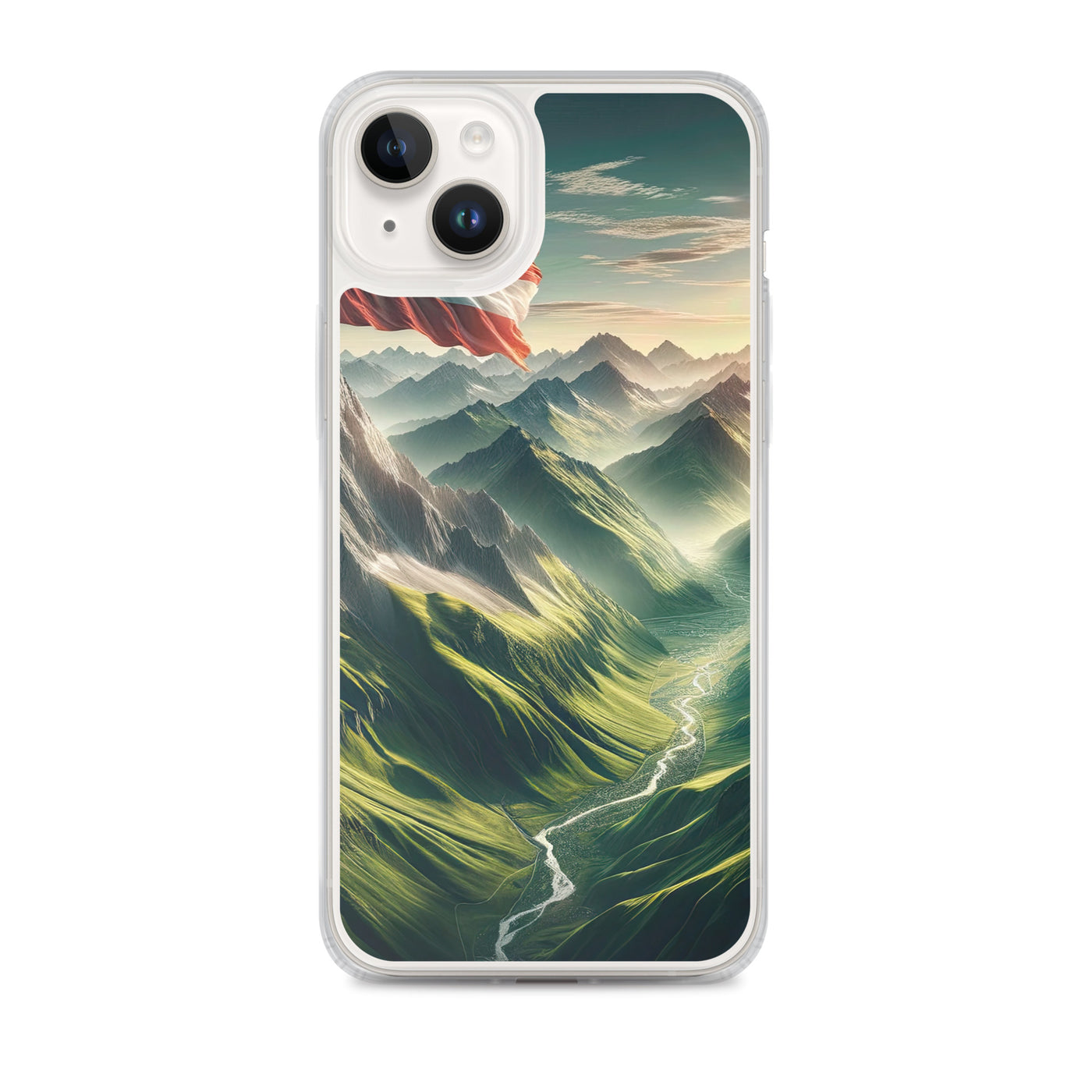 Alpen Gebirge: Fotorealistische Bergfläche mit Österreichischer Flagge - iPhone Schutzhülle (durchsichtig) berge xxx yyy zzz iPhone 14 Plus