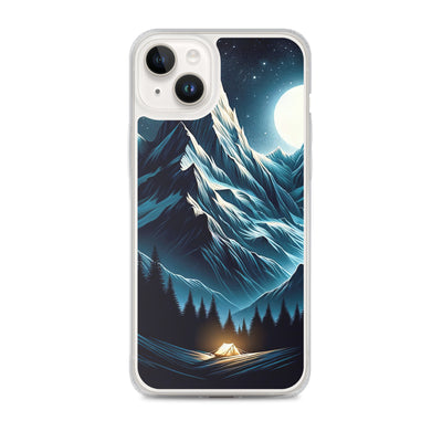 Alpennacht mit Zelt: Mondglanz auf Gipfeln und Tälern, sternenklarer Himmel - iPhone Schutzhülle (durchsichtig) berge xxx yyy zzz iPhone 14 Plus