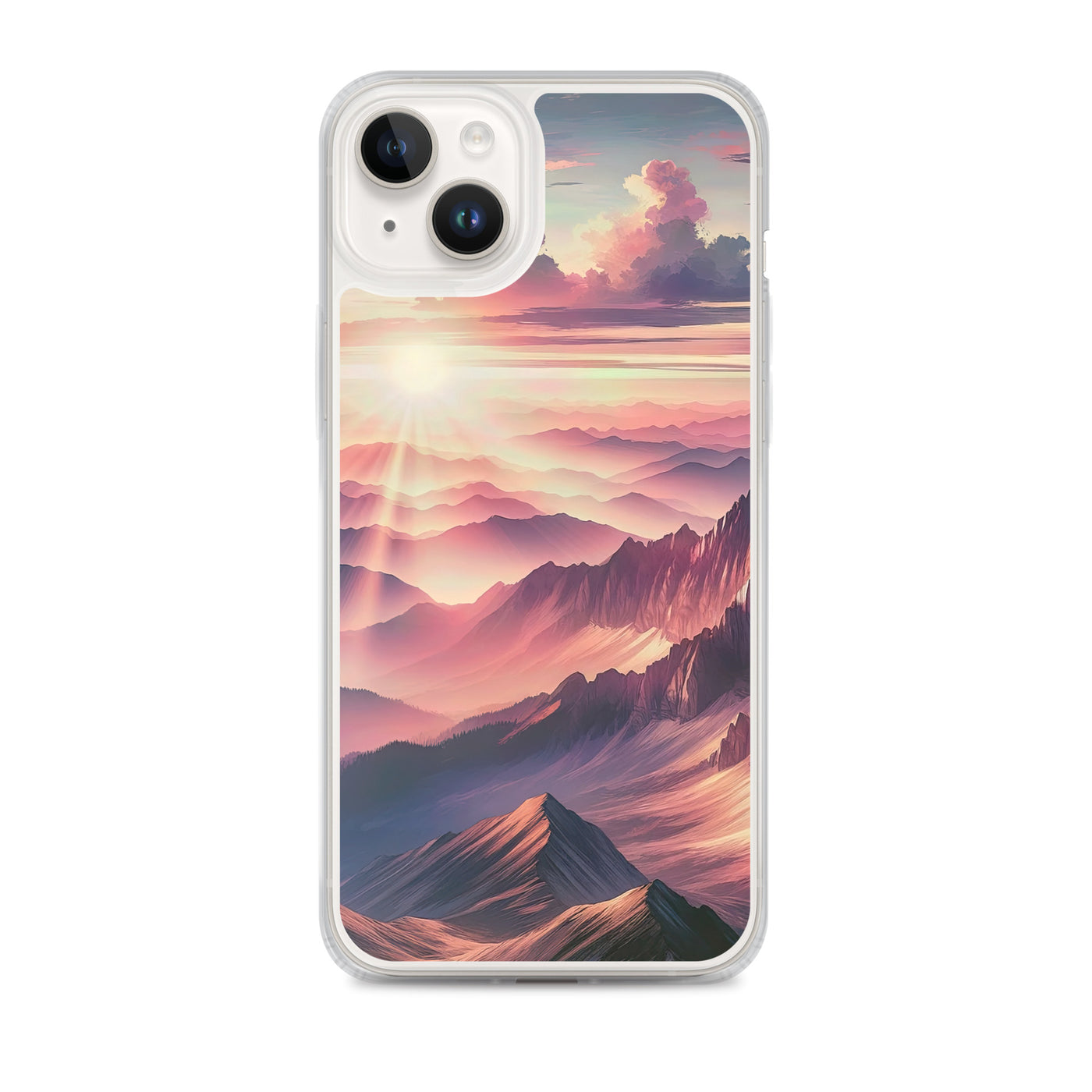 Schöne Berge bei Sonnenaufgang: Malerei in Pastelltönen - iPhone Schutzhülle (durchsichtig) berge xxx yyy zzz iPhone 14 Plus