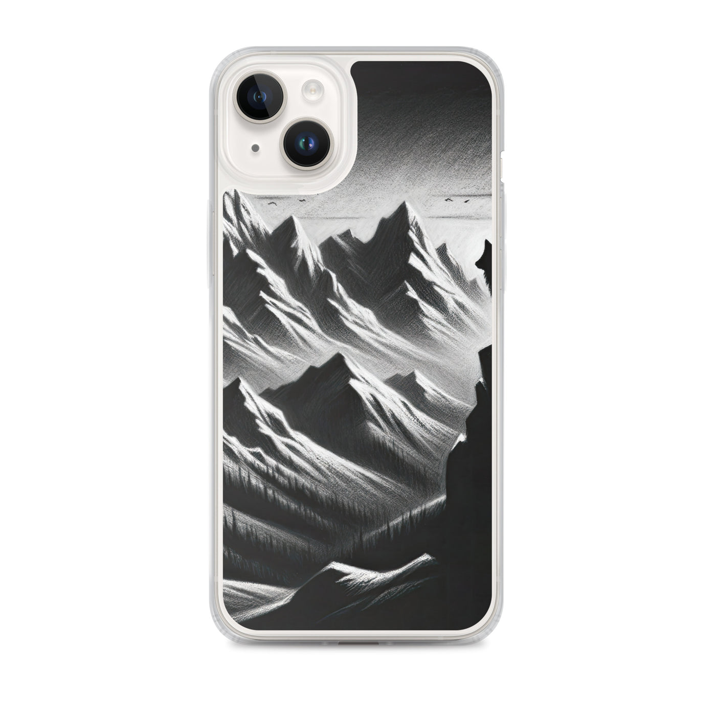 Kohlezeichnung, die die stille Stille der Alpen in der Winterdämmerung verkörpert. Wolf auf einem Berghügel (AN) - iPhone Schutzhülle (durchsichtig) xxx yyy zzz iPhone 14 Plus