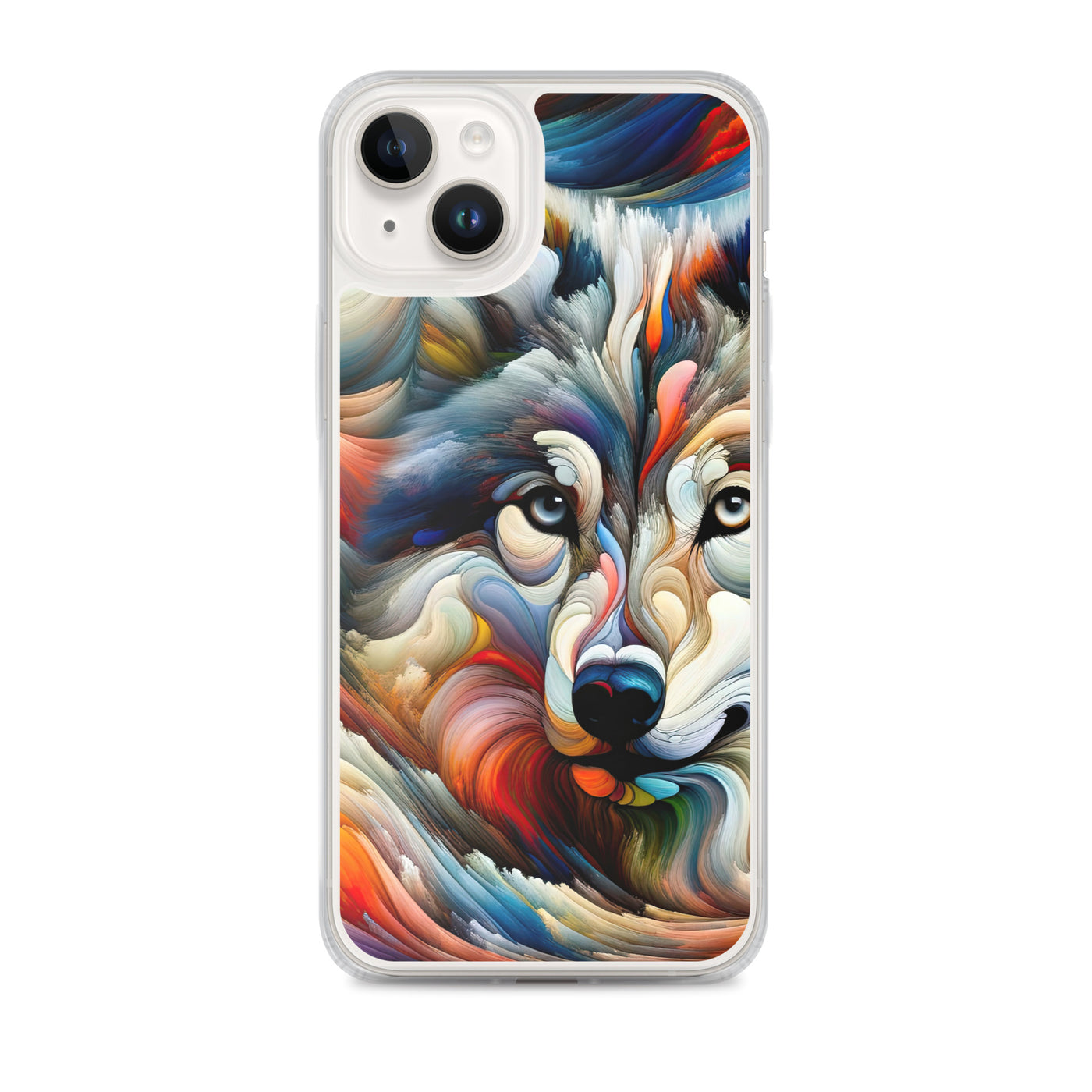 Abstrakte Kunst der Alpen mit einem Wolf. Chaotischer Tanz aus Farben und Formen. Surreale Landschaft (AN) - iPhone Schutzhülle (durchsichtig) xxx yyy zzz iPhone 14 Plus