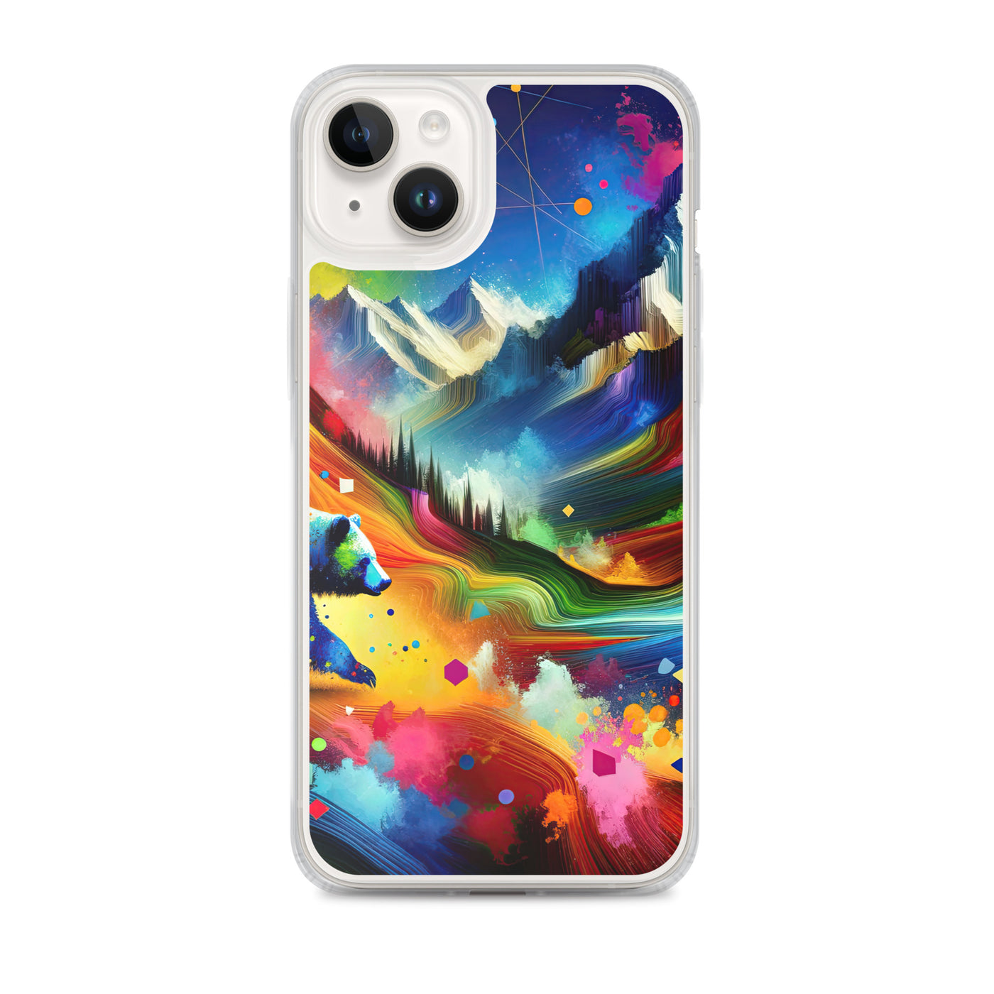 Neonfarbener Alpen Bär in abstrakten geometrischen Formen - iPhone Schutzhülle (durchsichtig) camping xxx yyy zzz iPhone 14 Plus
