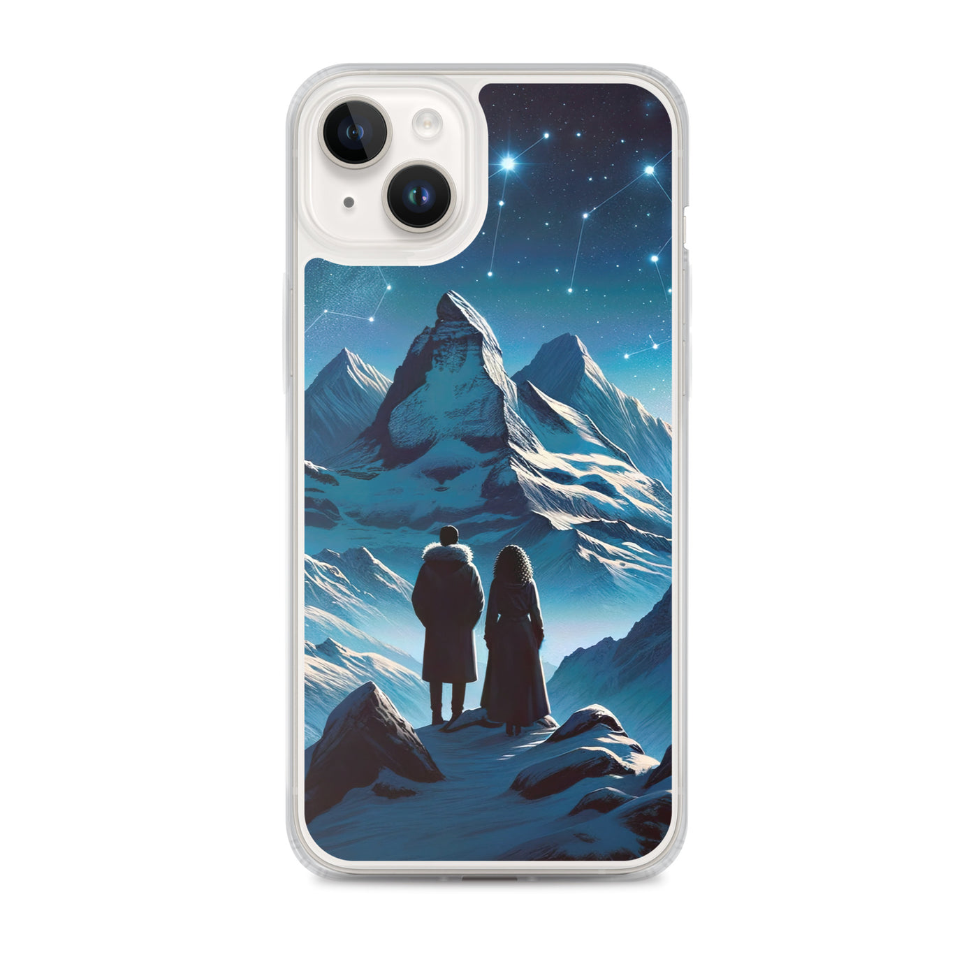 Alpenwinternacht: Digitale Kunst mit Wanderern in Bergen und Sternenhimmel - iPhone Schutzhülle (durchsichtig) wandern xxx yyy zzz iPhone 14 Plus