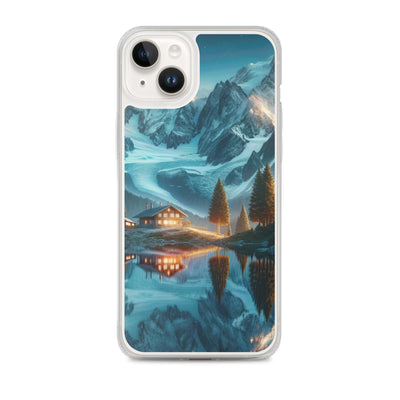 Stille Alpenmajestätik: Digitale Kunst mit Schnee und Bergsee-Spiegelung - iPhone Schutzhülle (durchsichtig) berge xxx yyy zzz iPhone 14 Plus