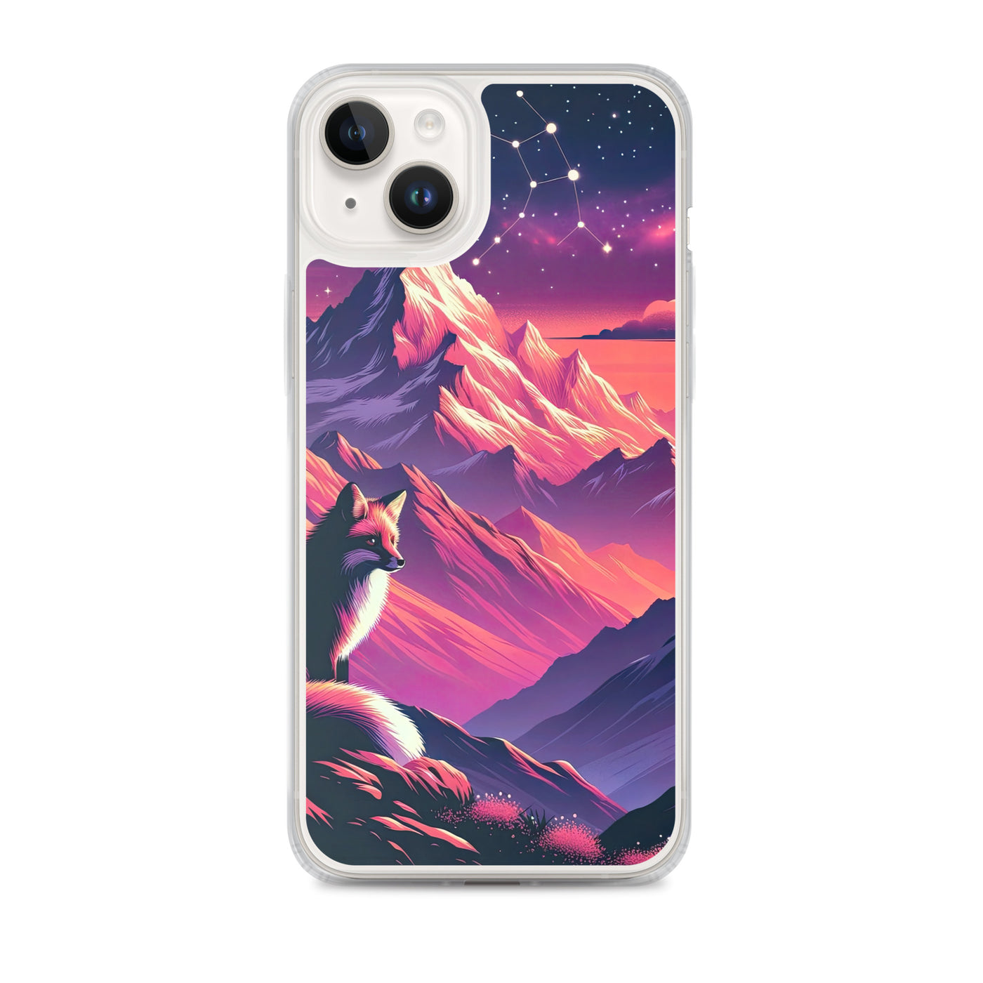 Fuchs im dramatischen Sonnenuntergang: Digitale Bergillustration in Abendfarben - iPhone Schutzhülle (durchsichtig) camping xxx yyy zzz iPhone 14 Plus