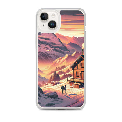 Berghütte im goldenen Sonnenuntergang: Digitale Alpenillustration - iPhone Schutzhülle (durchsichtig) berge xxx yyy zzz iPhone 14 Plus