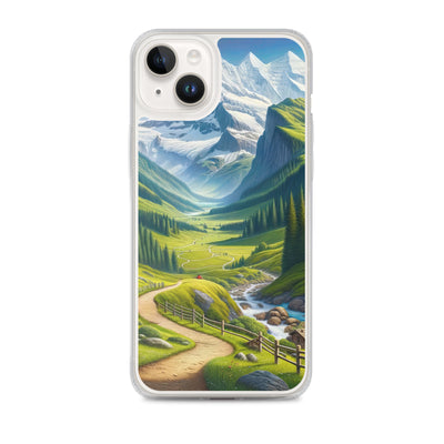 Wanderer in den Bergen und Wald: Digitale Malerei mit grünen kurvenreichen Pfaden - iPhone Schutzhülle (durchsichtig) wandern xxx yyy zzz iPhone 14 Plus