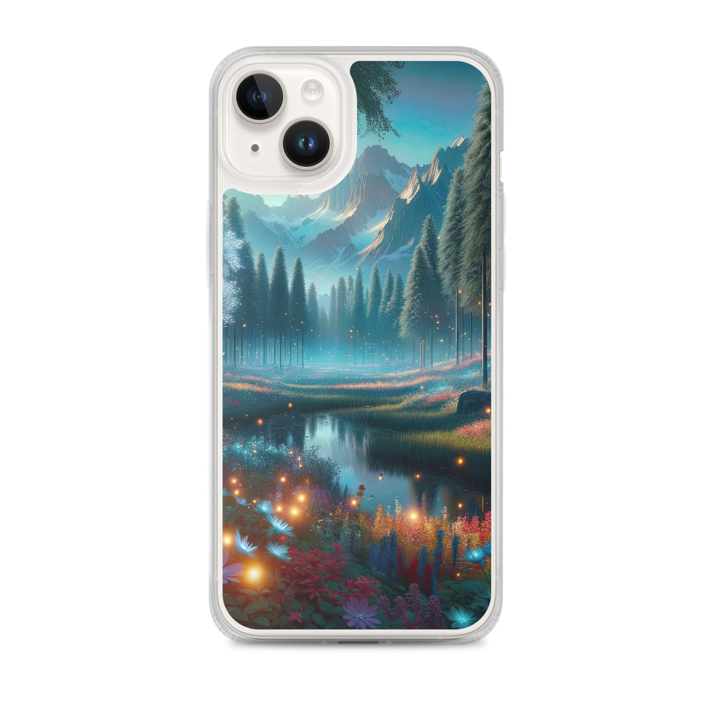Ätherischer Alpenwald: Digitale Darstellung mit leuchtenden Bäumen und Blumen - iPhone Schutzhülle (durchsichtig) camping xxx yyy zzz iPhone 14 Plus
