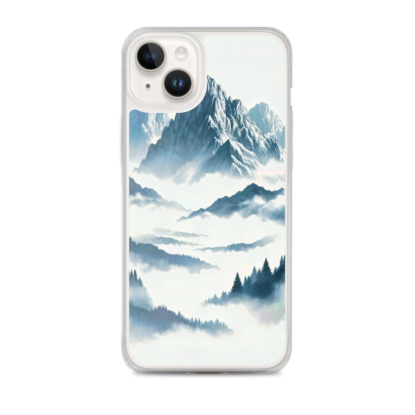 Nebeliger Alpenmorgen-Essenz, verdeckte Täler und Wälder - iPhone Schutzhülle (durchsichtig) berge xxx yyy zzz iPhone 14 Plus