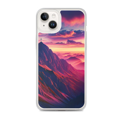 Dramatischer Alpen-Sonnenaufgang, Gipfelkreuz und warme Himmelsfarben - iPhone Schutzhülle (durchsichtig) berge xxx yyy zzz iPhone 14 Plus